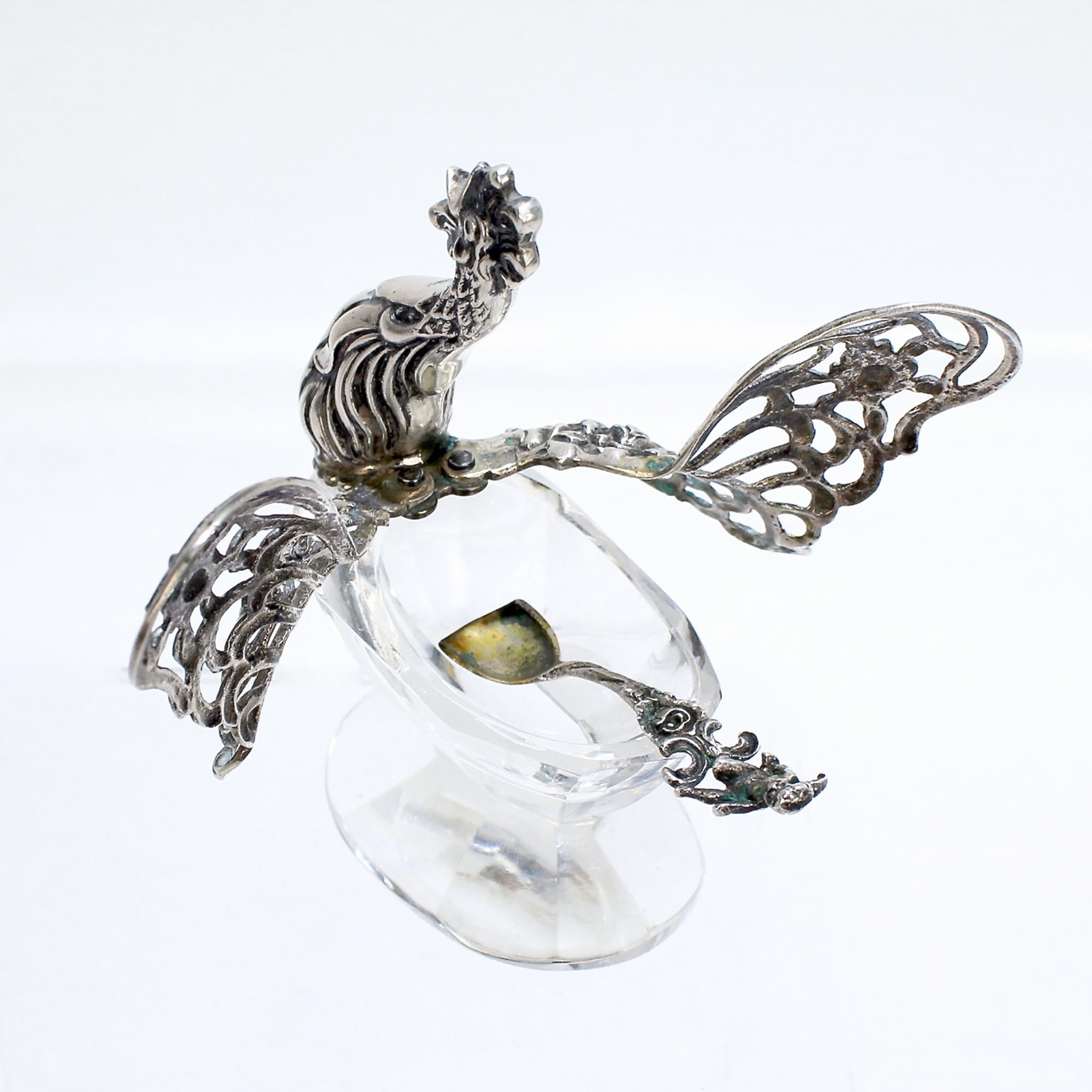 Signed Antique 835 Silver & Crystal Figural Rooster Salt Cellar by August Betz For Sale 10