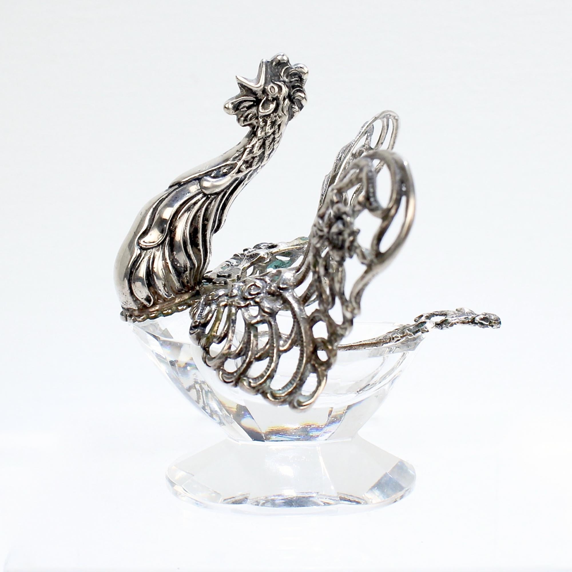Signed Antique 835 Silver & Crystal Figural Rooster Salt Cellar by August Betz In Good Condition For Sale In Philadelphia, PA