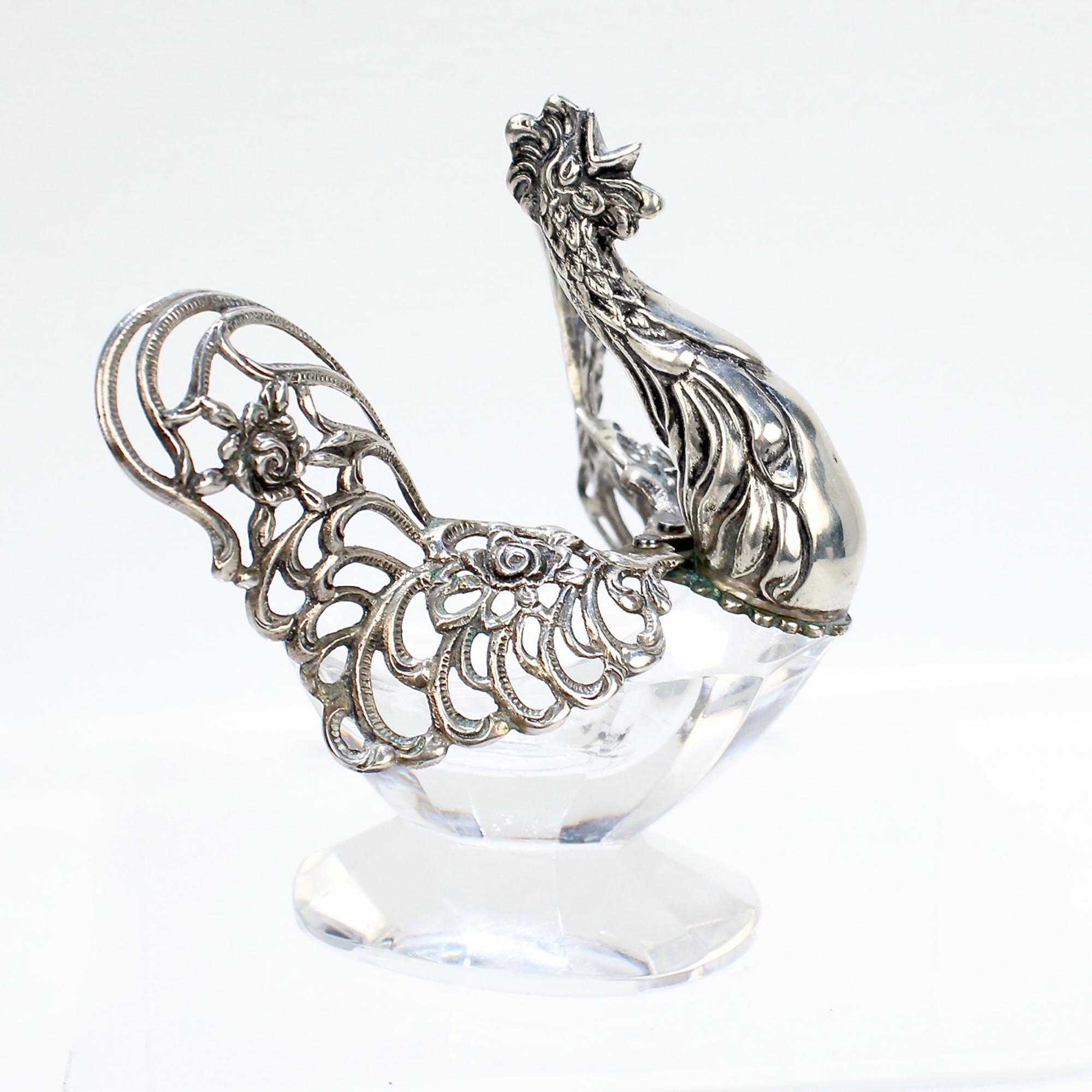 Signed Antique 835 Silver & Crystal Figural Rooster Salt Cellar by August Betz For Sale 1