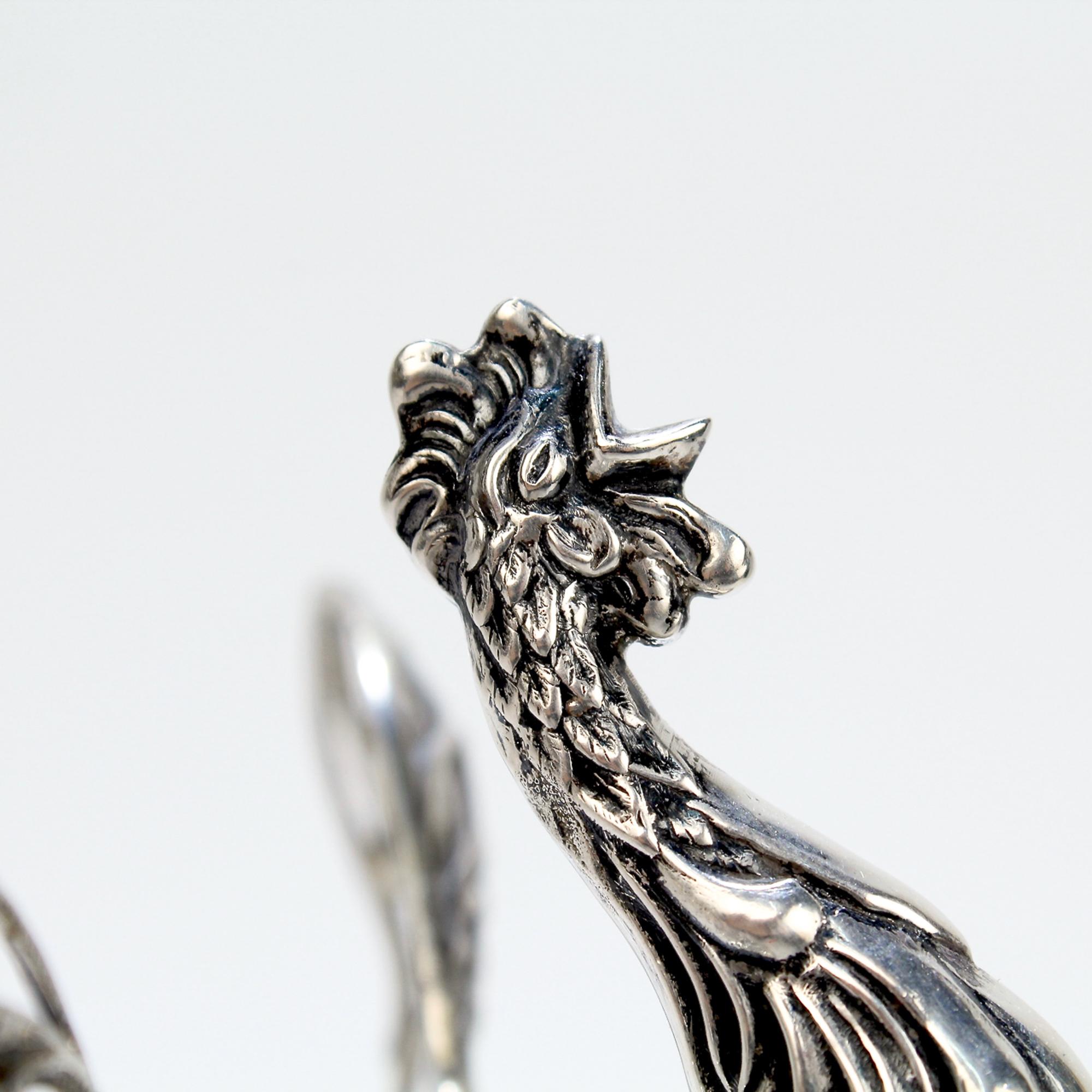 Signed Antique 835 Silver & Crystal Figural Rooster Salt Cellar by August Betz For Sale 2