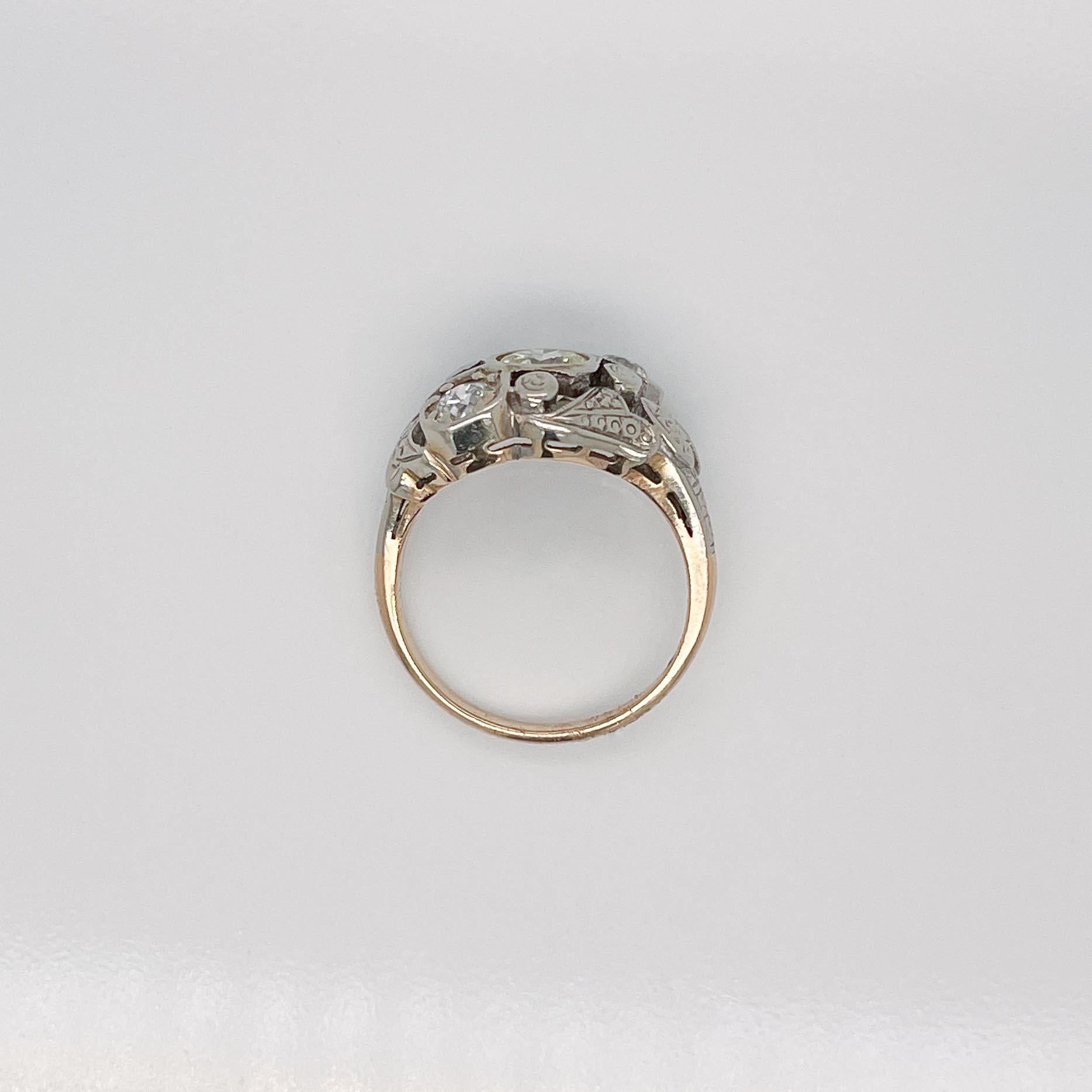 Antiker Art-Déco-Cocktailring mit drei Steinen, 14 Karat Gold & Diamant, signiert 5