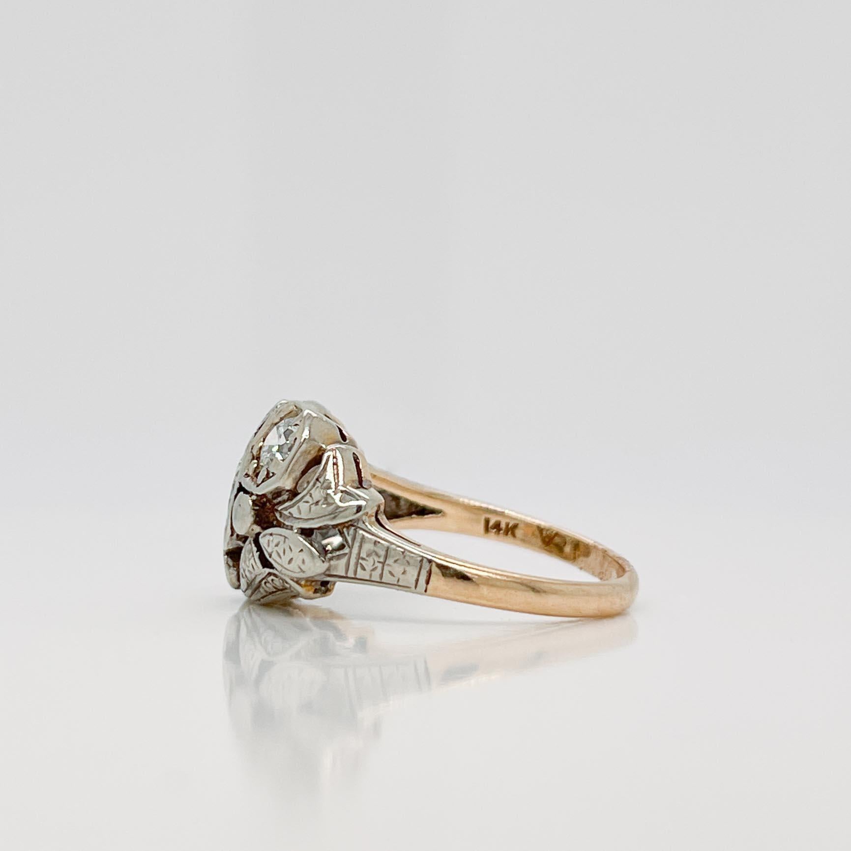 Antiker Art-Déco-Cocktailring mit drei Steinen, 14 Karat Gold & Diamant, signiert 6