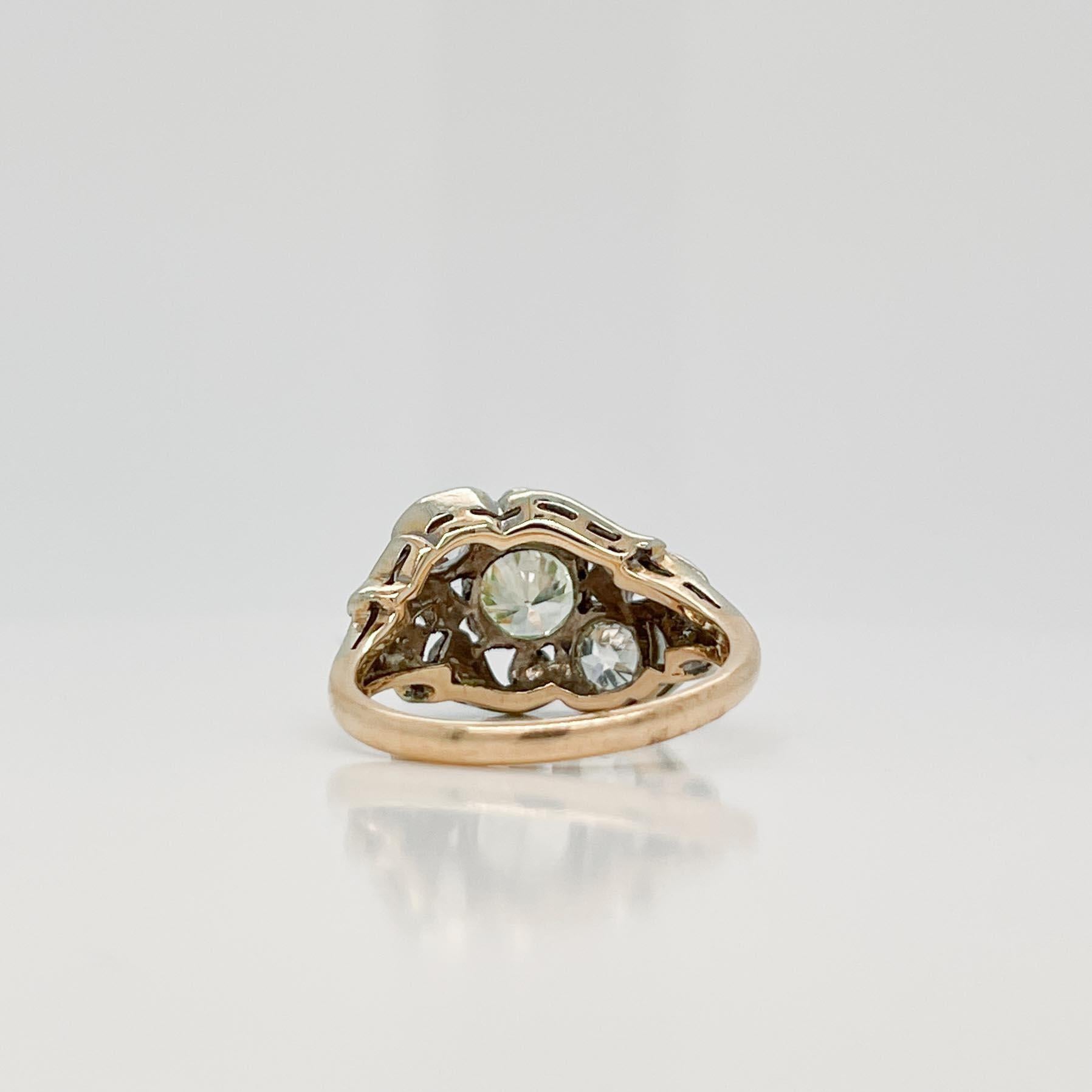 Signed Antique Art Deco 14K Gold & Diamond Three Stone Cocktail Ring For Sale 2