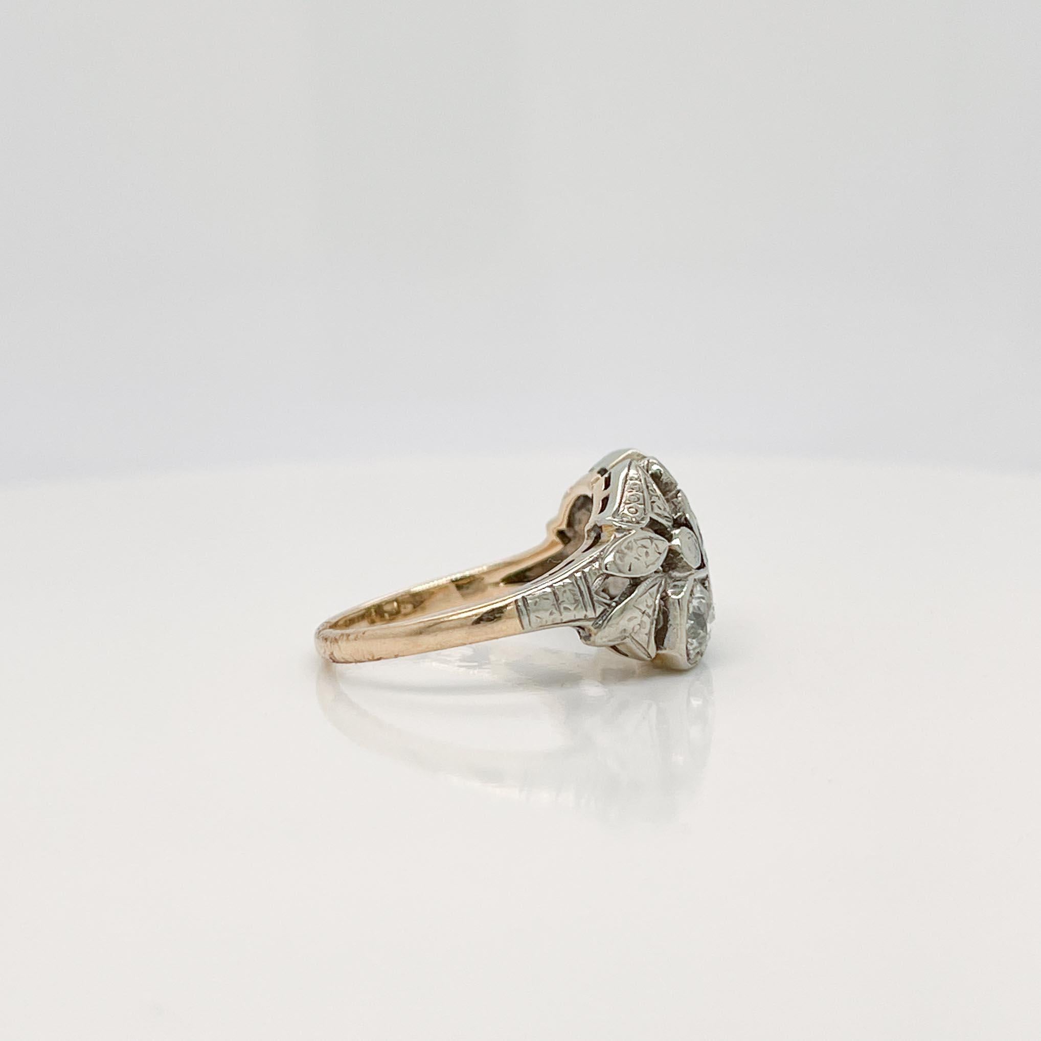 Antiker Art-Déco-Cocktailring mit drei Steinen, 14 Karat Gold & Diamant, signiert 3