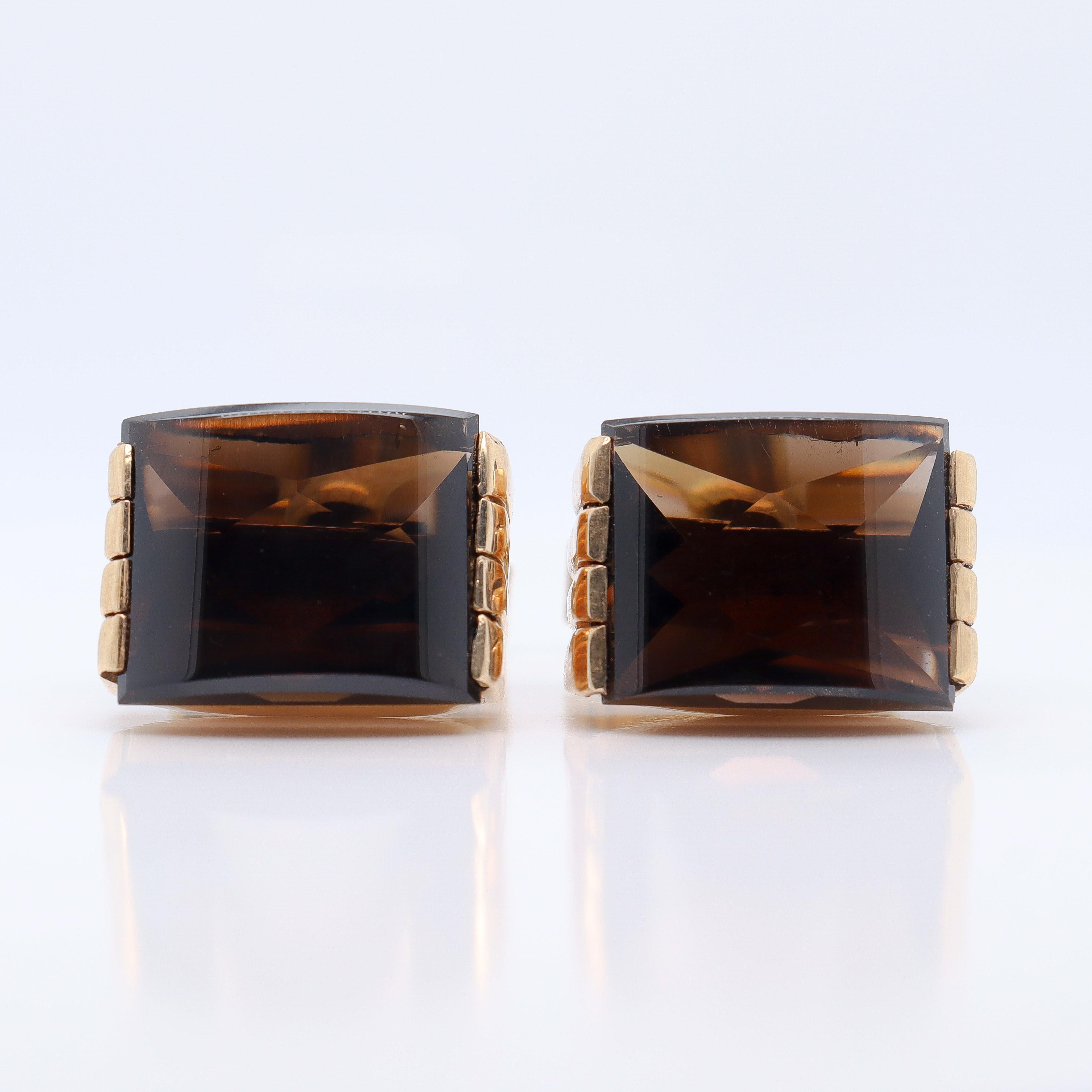 Signed Antique Austrian Art Deco Period 14k Gold and Smoky Quartz Cufflinks In Good Condition For Sale In Philadelphia, PA