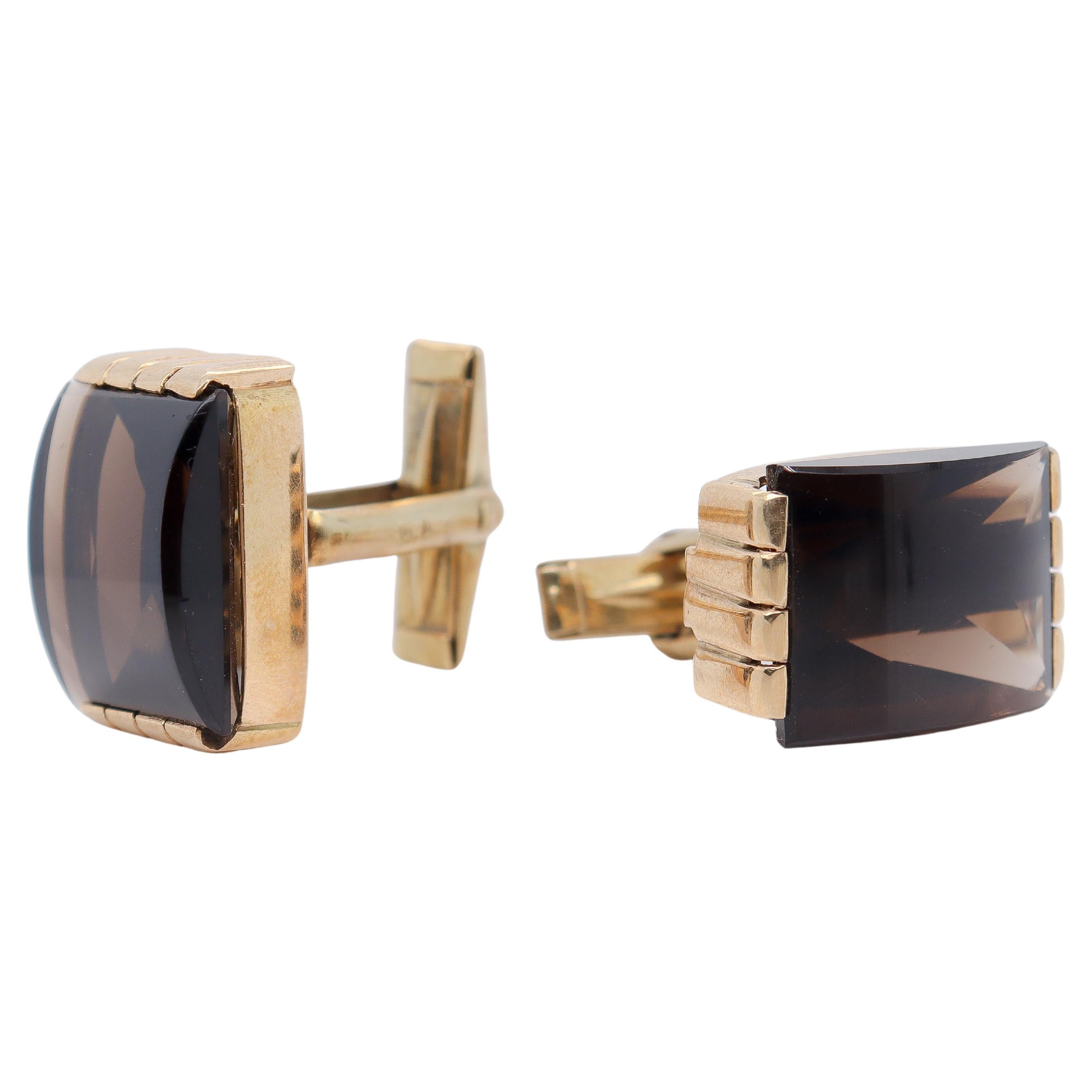 Signed Antique Austrian Art Deco Period 14k Gold and Smoky Quartz Cufflinks For Sale