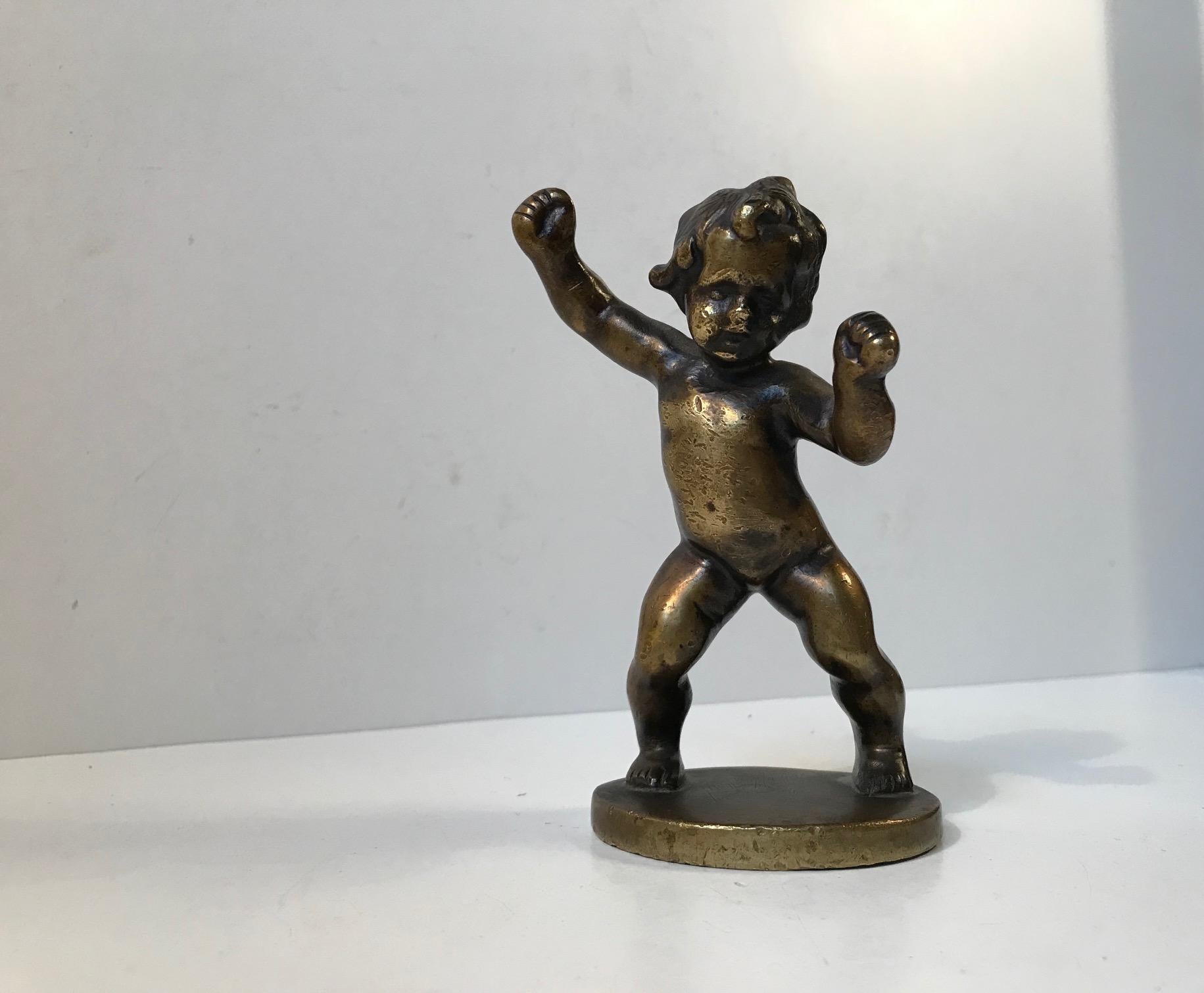 Early 20th Century Signed Antique Bronze of Dancing Baby Boy, circa 1900 For Sale