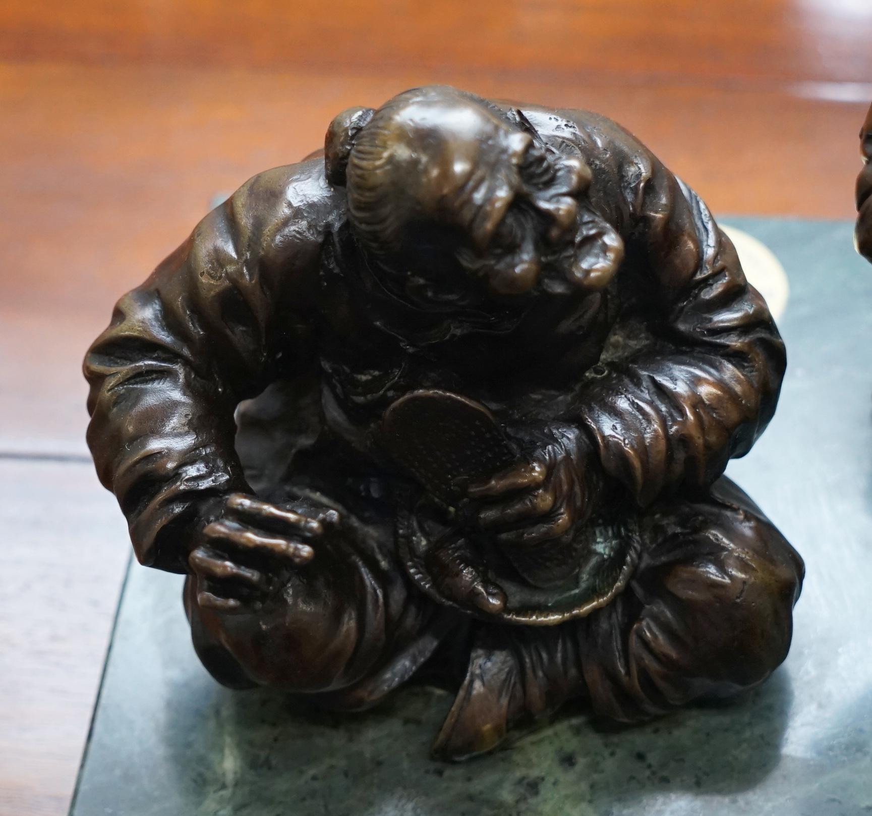 Signed Antique Bronze Statue of Two Men One a Solid Green Soapstone Base For Sale 5