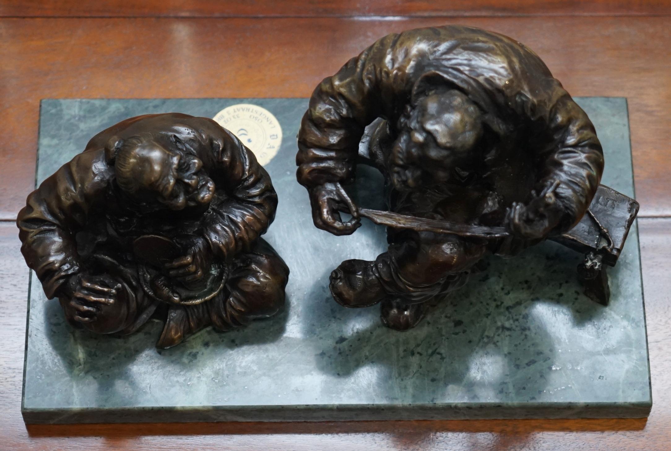 Signed Antique Bronze Statue of Two Men One a Solid Green Soapstone Base For Sale 6