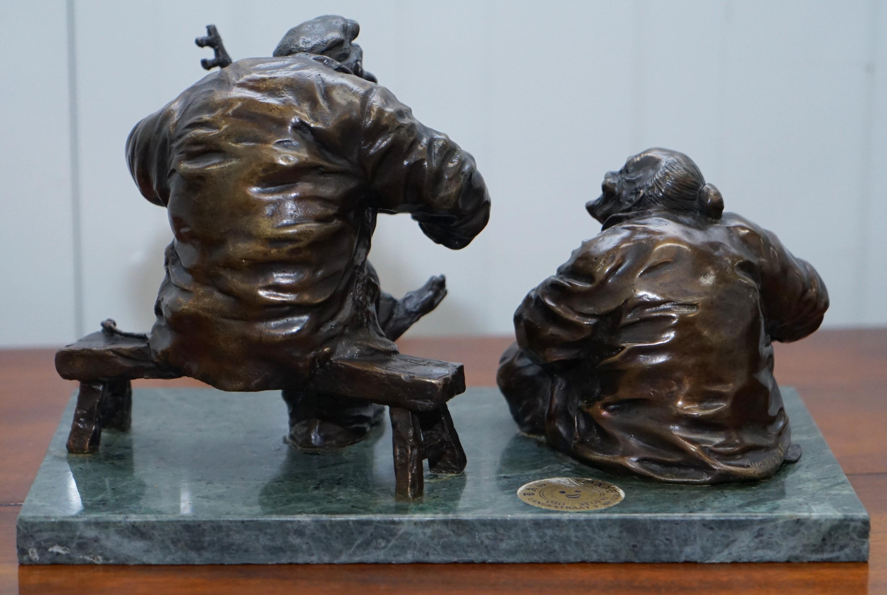 Signed Antique Bronze Statue of Two Men One a Solid Green Soapstone Base For Sale 9