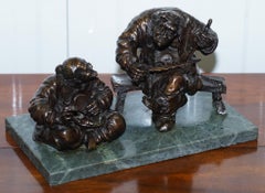 Signed Antique Bronze Statue of Two Men One a Solid Green Soapstone Base