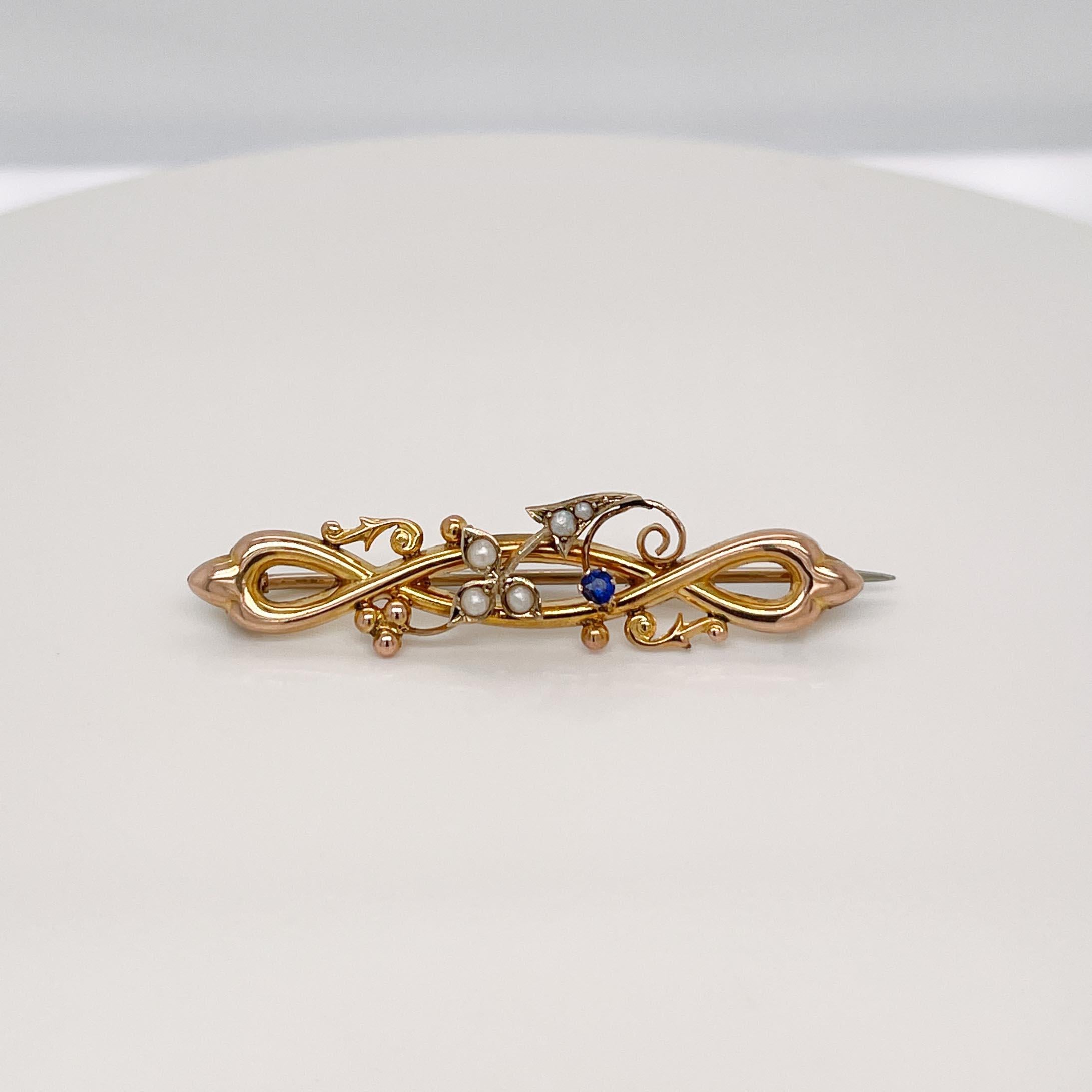 Signed Antique English Art Nouveau 9 Ct Gold and Seed Pearl Brooch