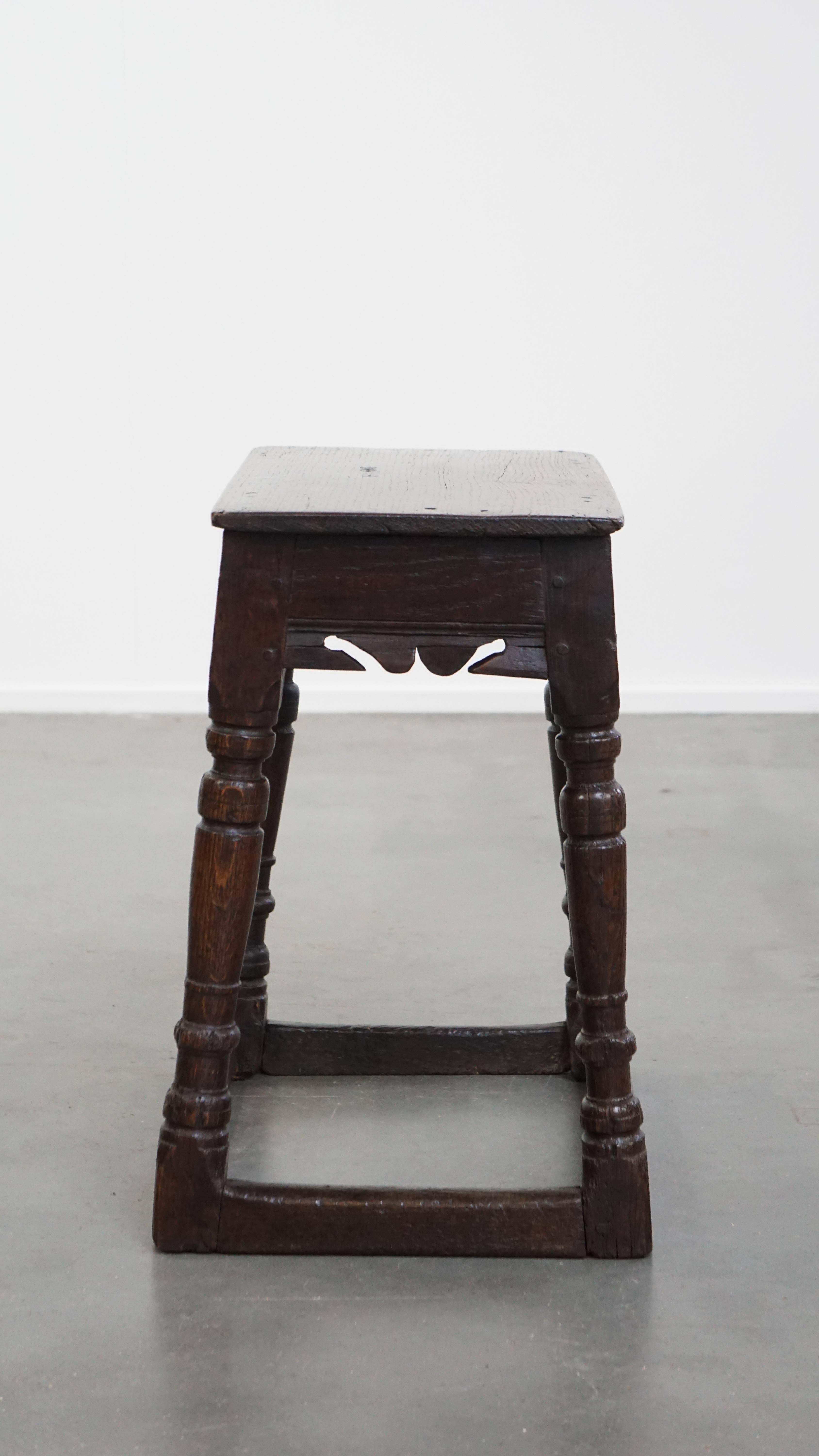 Classical Roman Signed Antique English Oak Joint Stool / Stool from the 17th Century For Sale
