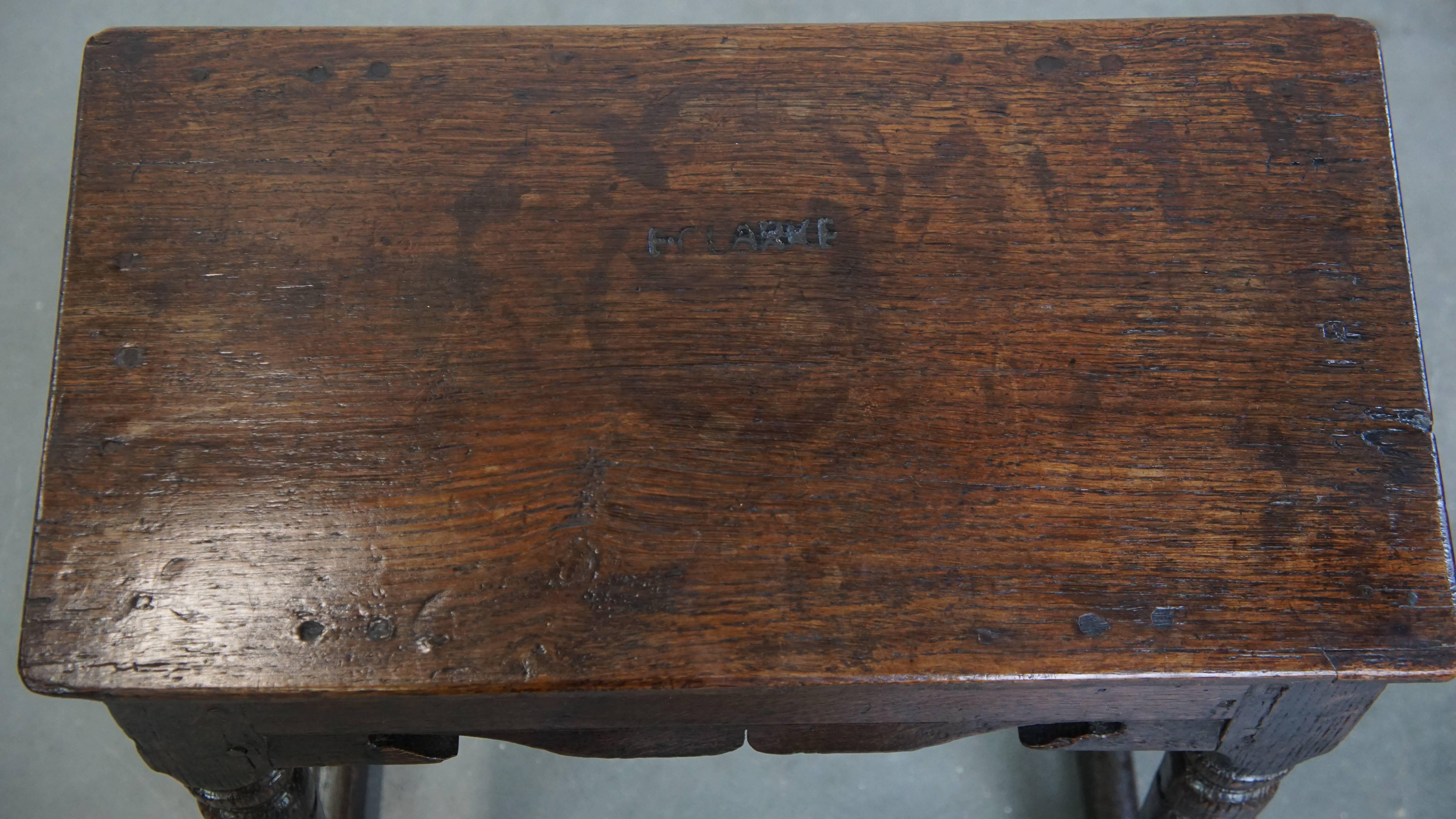 18th Century and Earlier Signed Antique English Oak Joint Stool / Stool from the 17th Century For Sale