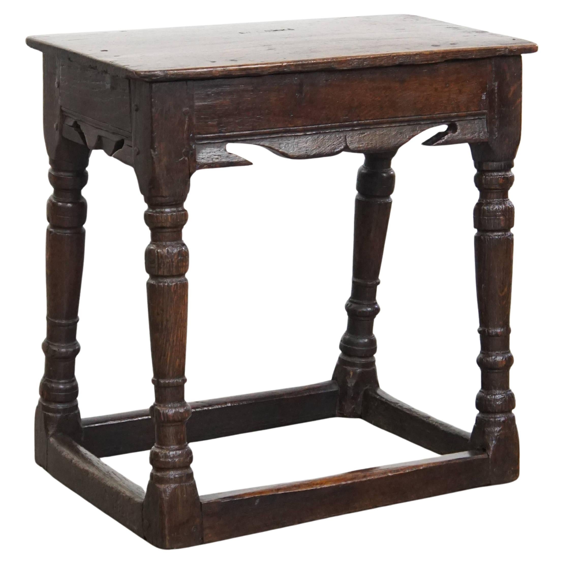 Signed Antique English Oak Joint Stool / Stool from the 17th Century For Sale