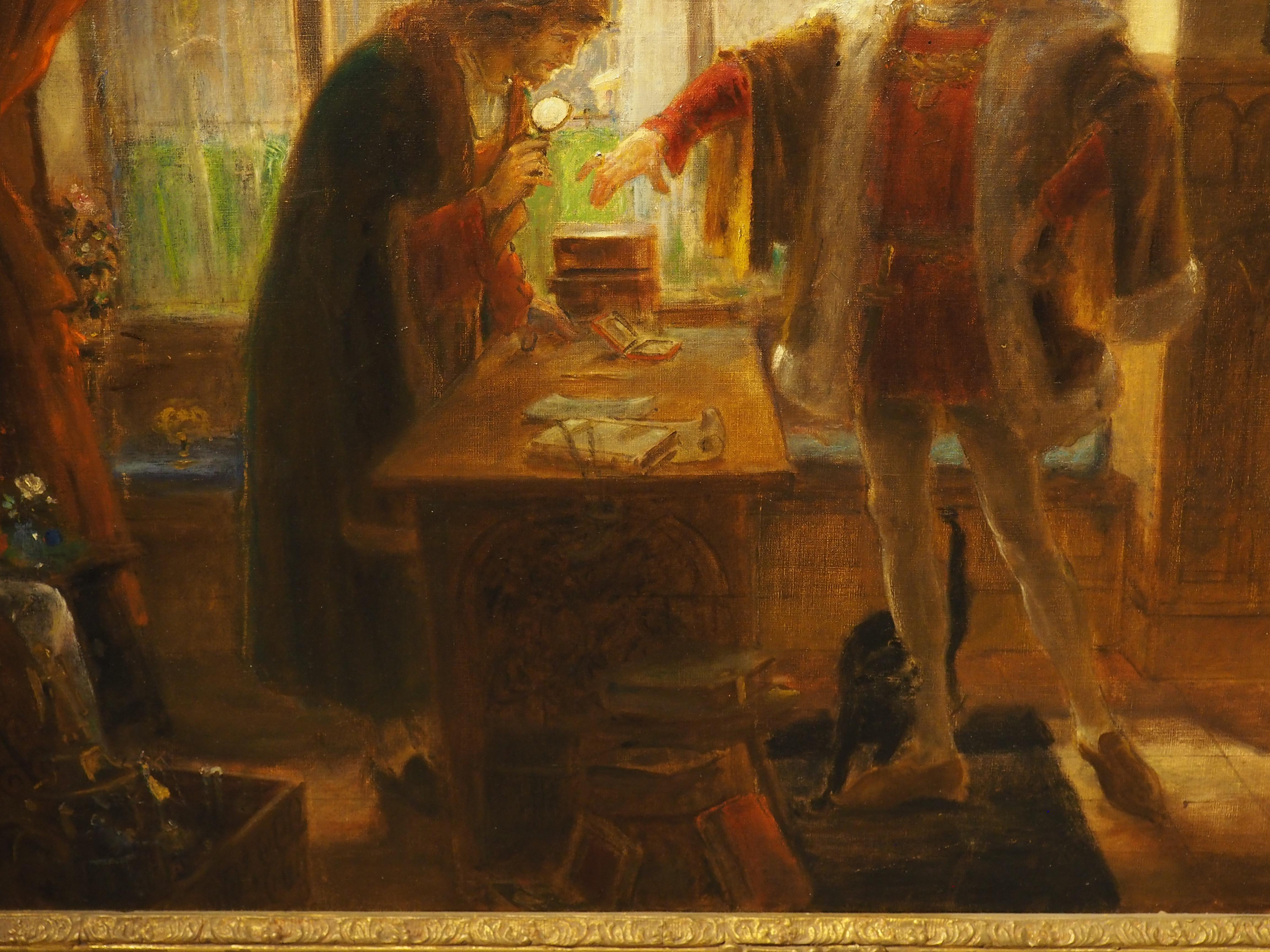 This antique oil painting on canvas is estimated to be from the mid or late 1800’s and has been signed in the lower right corner by the artist (possibly “P.H. Newman”). The painting is an interior scene depicting a nobleman presenting his ring for