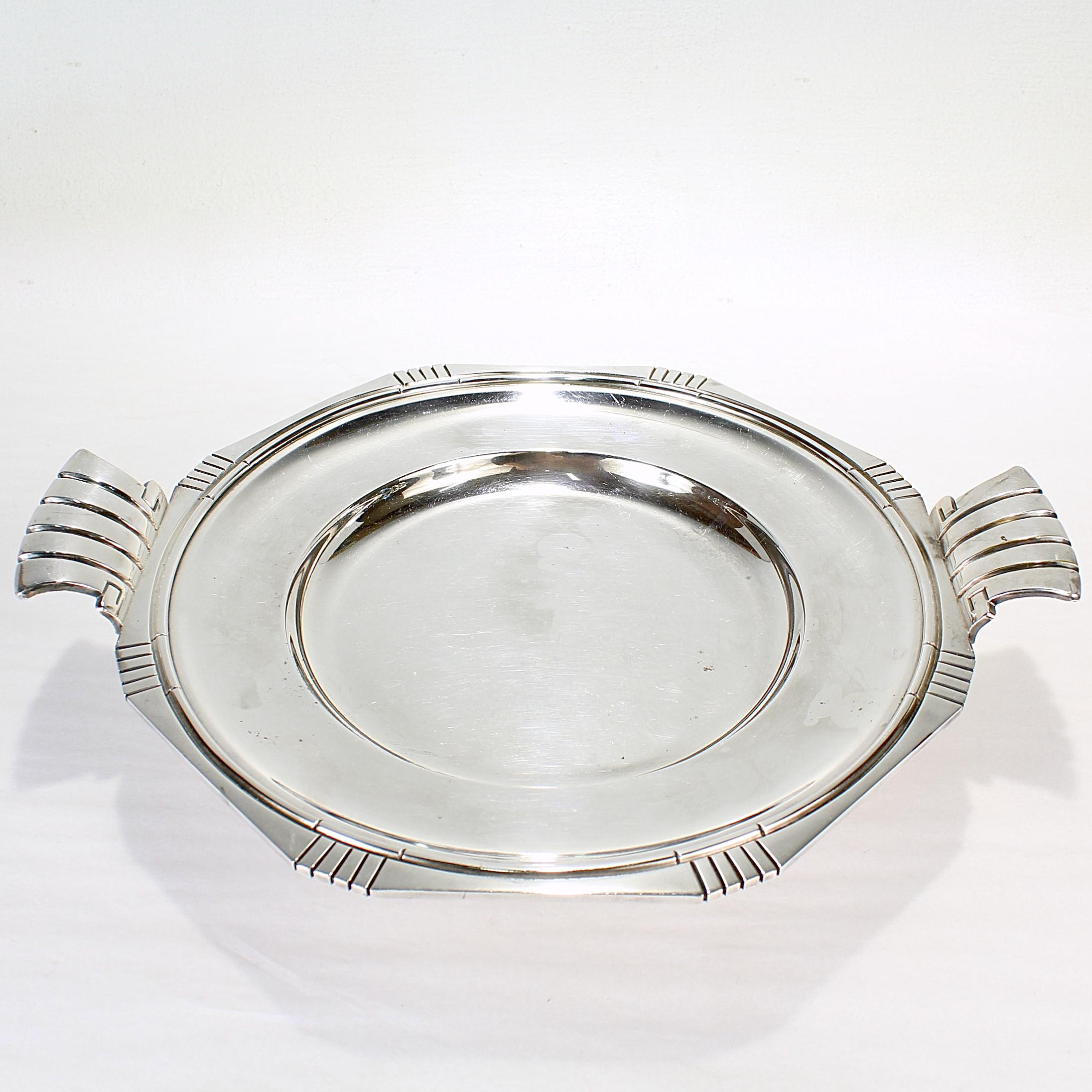 Signed Antique French Art Deco Silver Plated Tazza or Table Centerpiece In Fair Condition For Sale In Philadelphia, PA