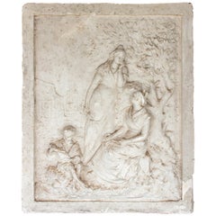 Signed Antique French Plaster Relief with Garden Scene and Three Figures