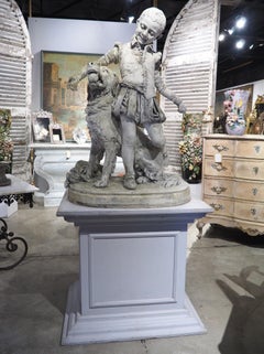 Sculpture Antique French en plâtre signée, représentant un garçon de la Renaissance et son chien, vers 1880