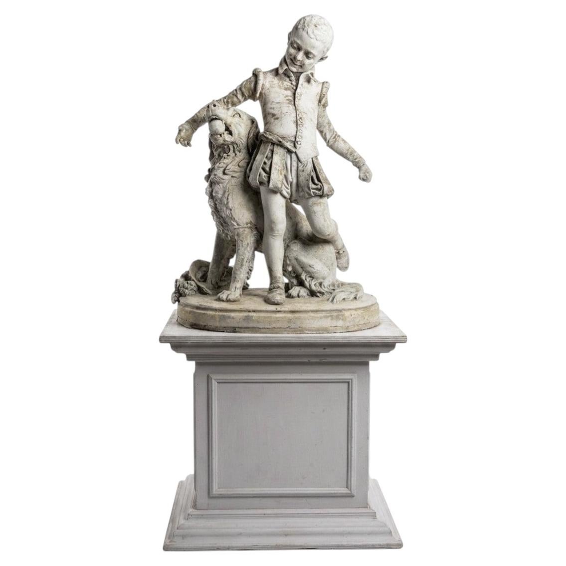 Signed Antique French Plaster Sculpture, A Renaissance Boy and His Dog, C. 1880