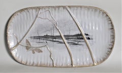 Signed Galle Antique Faience Wall Plaque with Winter Country Pond Skating Scene