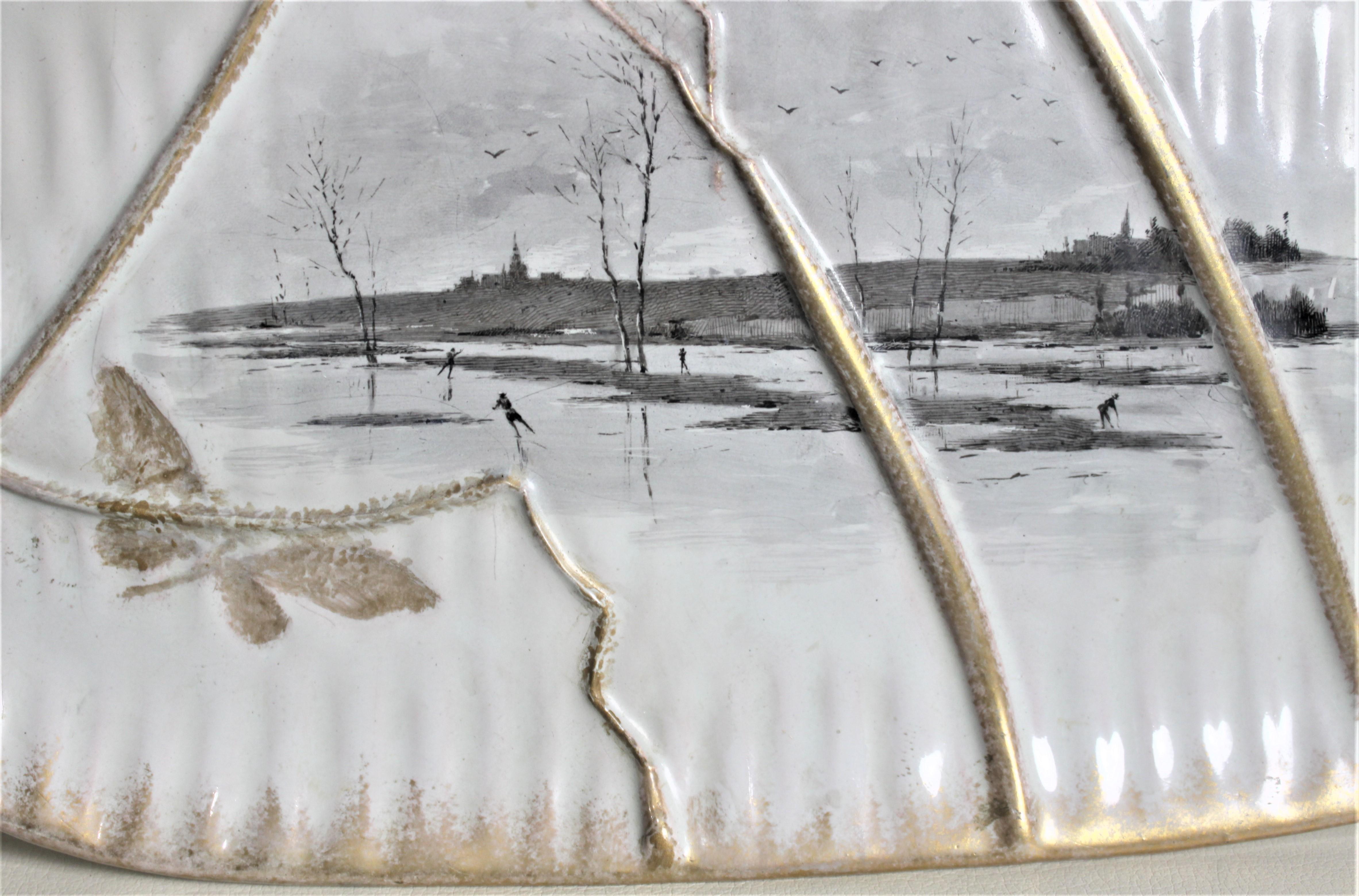 Victorian Signed Galle Antique Faience Wall Plaque with Winter Country Pond Skating Scene