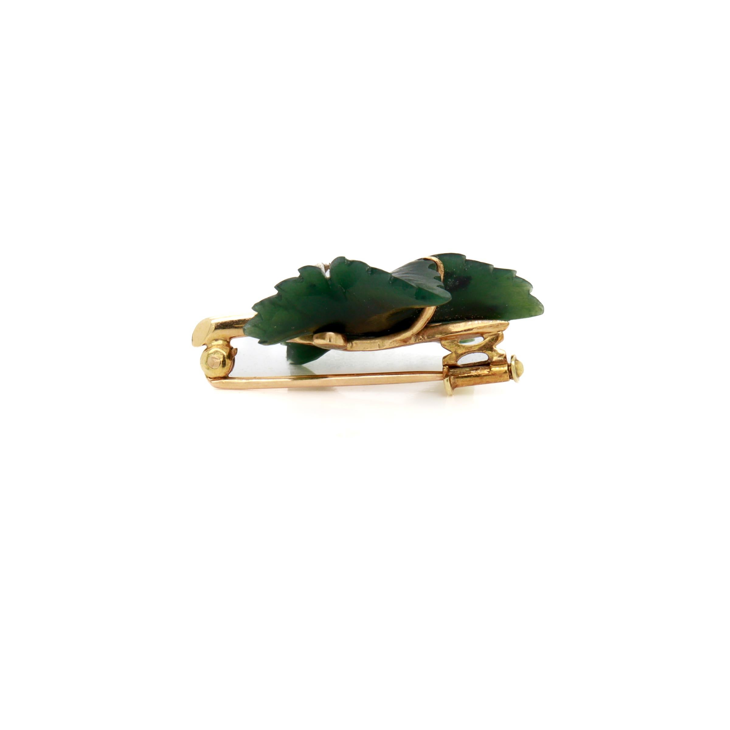 Signed Antique German 14k Gold, Jade, & Diamond Figural Leaf Brooch For Sale 5