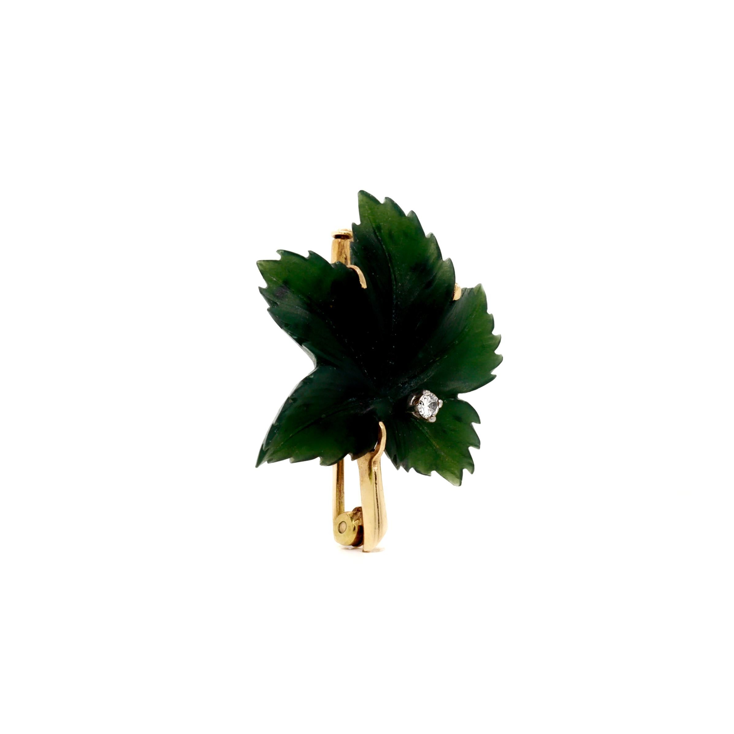 Signed Antique German 14k Gold, Jade, & Diamond Figural Leaf Brooch For Sale 7