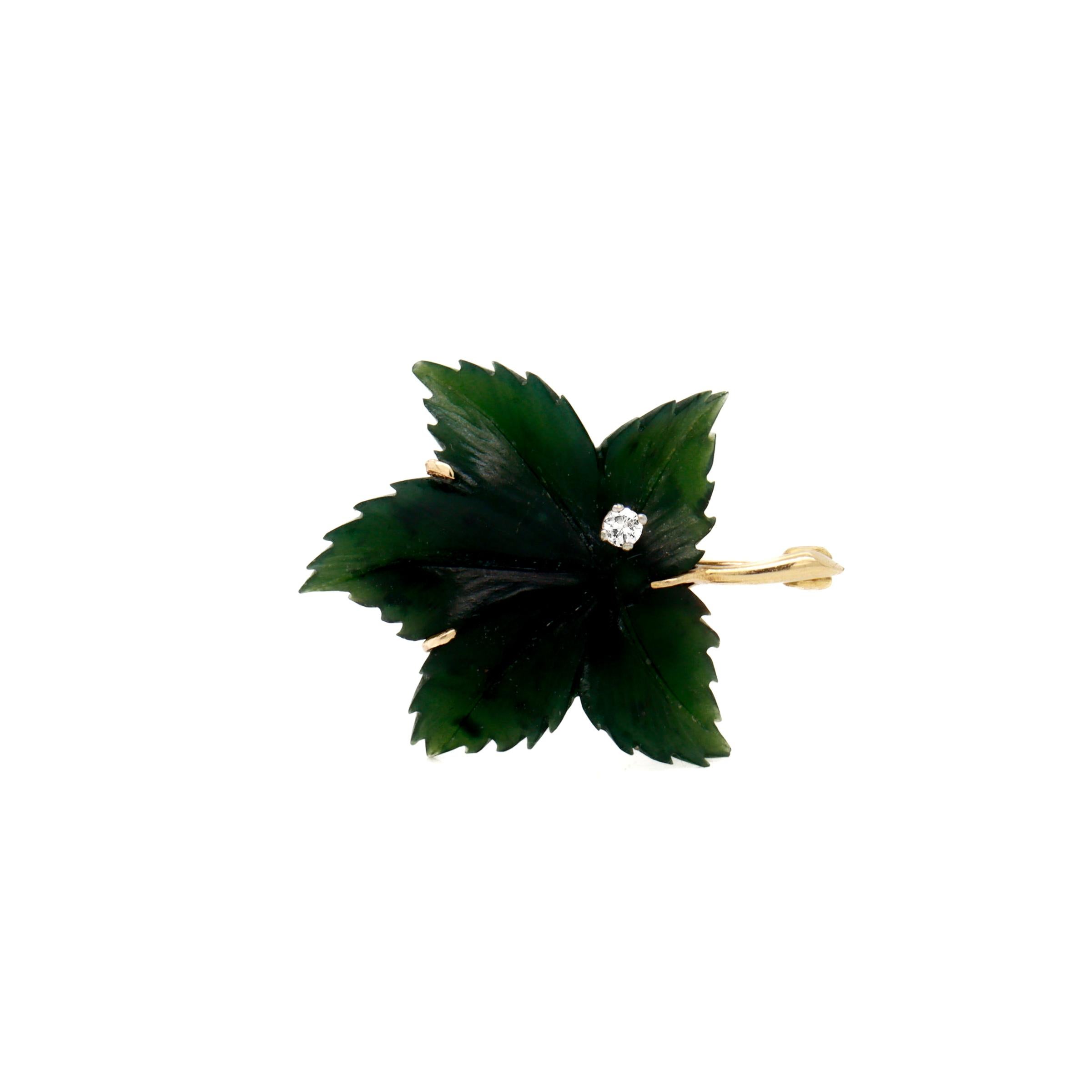 Signed Antique German 14k Gold, Jade, & Diamond Figural Leaf Brooch For Sale 8