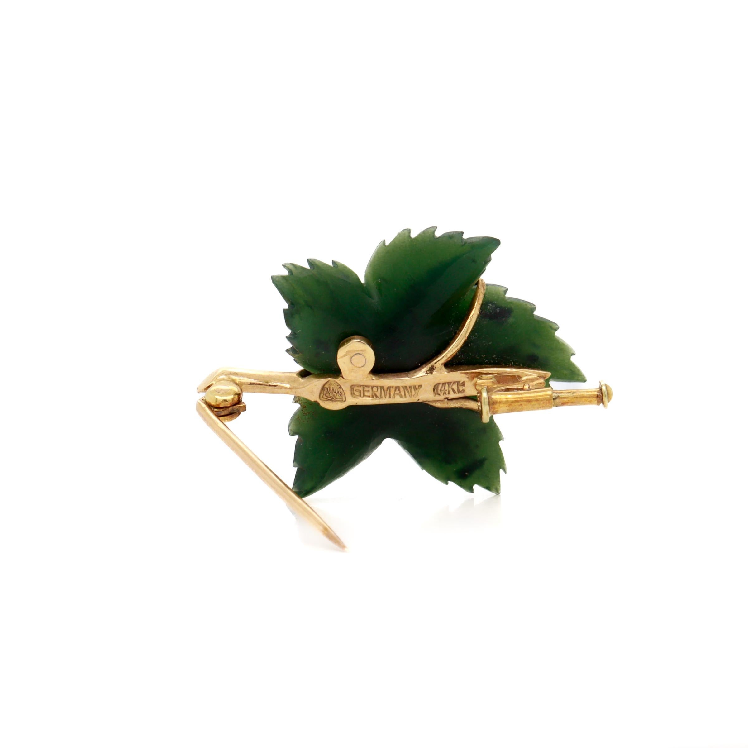 Signed Antique German 14k Gold, Jade, & Diamond Figural Leaf Brooch For Sale 9