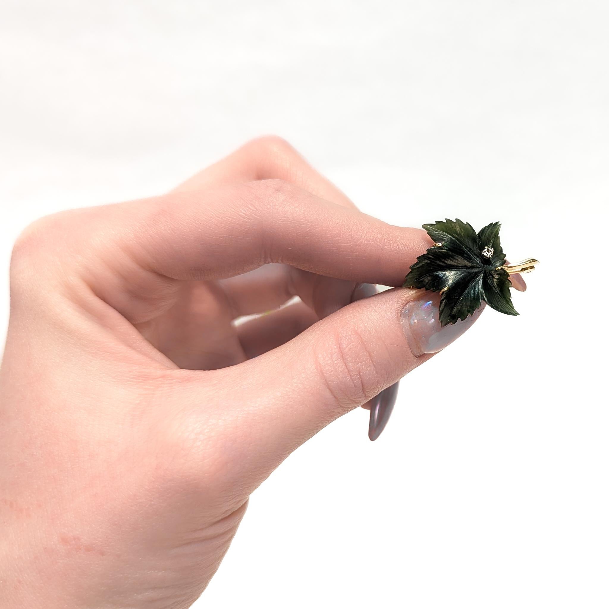 Women's or Men's Signed Antique German 14k Gold, Jade, & Diamond Figural Leaf Brooch For Sale