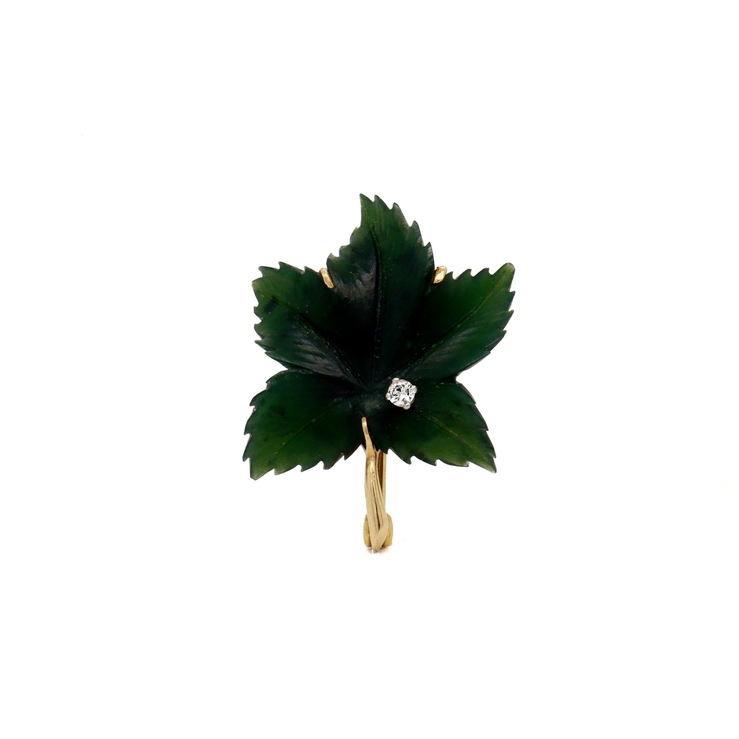 Signed Antique German 14k Gold, Jade, & Diamond Figural Leaf Brooch For Sale 1
