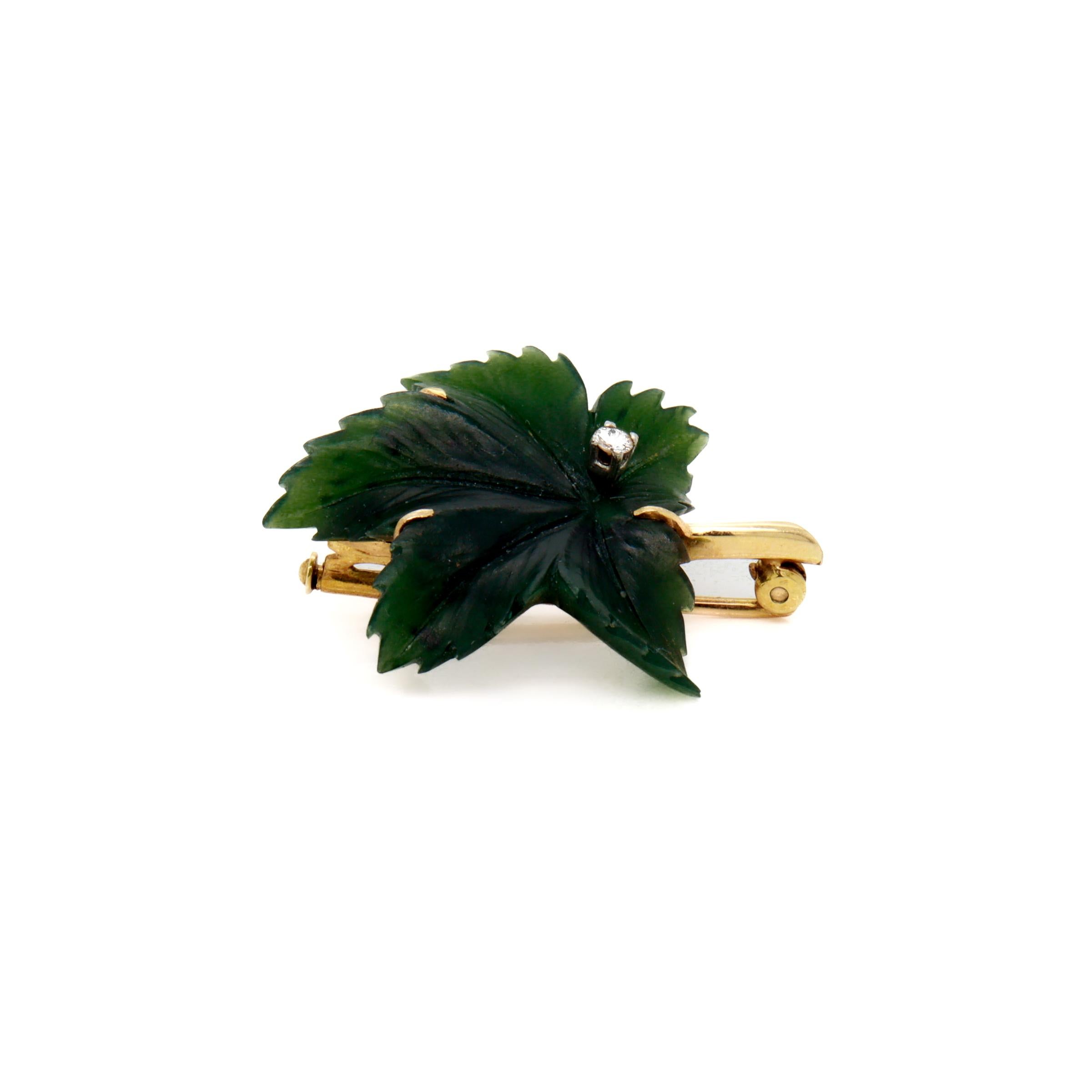 Signed Antique German 14k Gold, Jade, & Diamond Figural Leaf Brooch For Sale 2