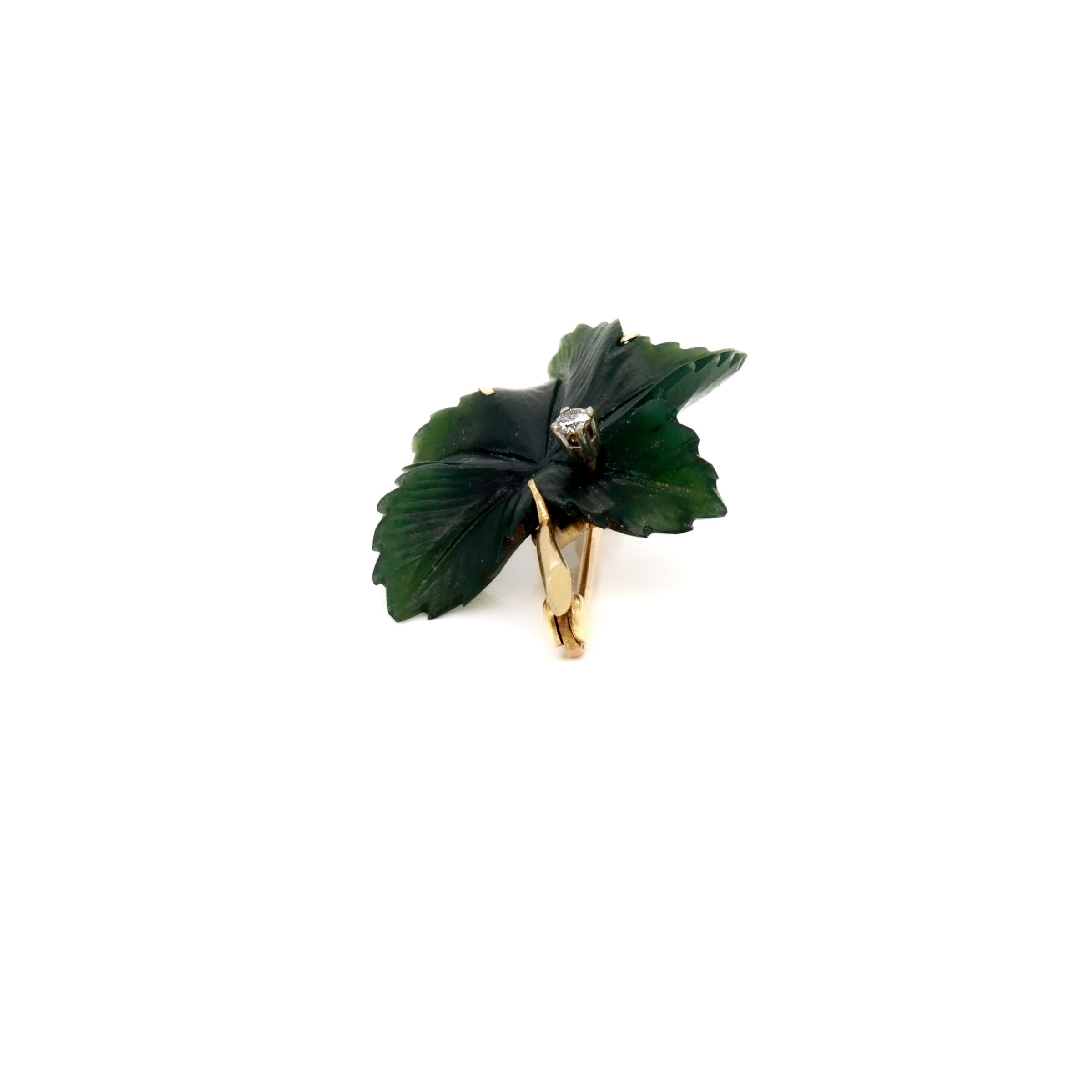 Signed Antique German 14k Gold, Jade, & Diamond Figural Leaf Brooch For Sale 3