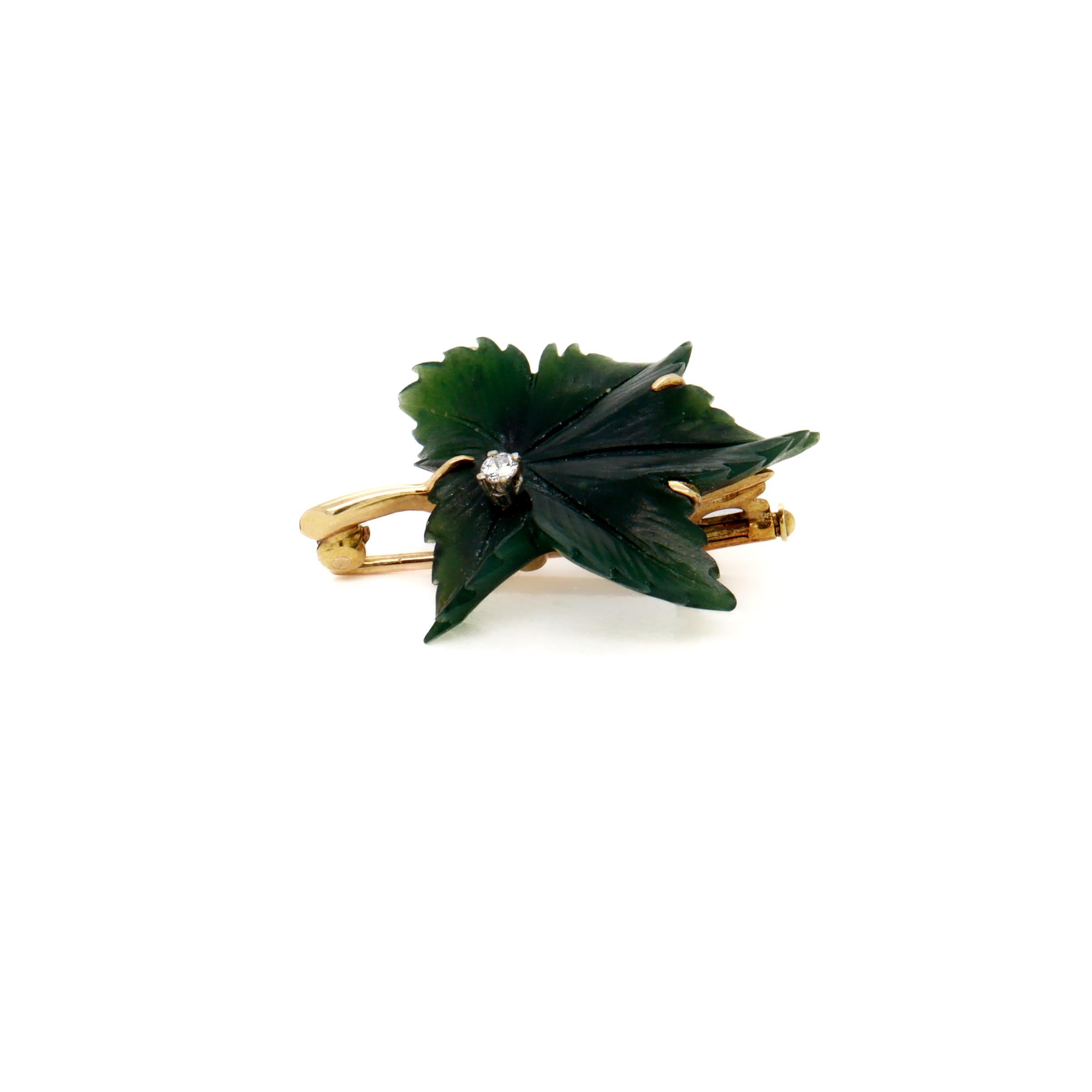 Signed Antique German 14k Gold, Jade, & Diamond Figural Leaf Brooch For Sale 4