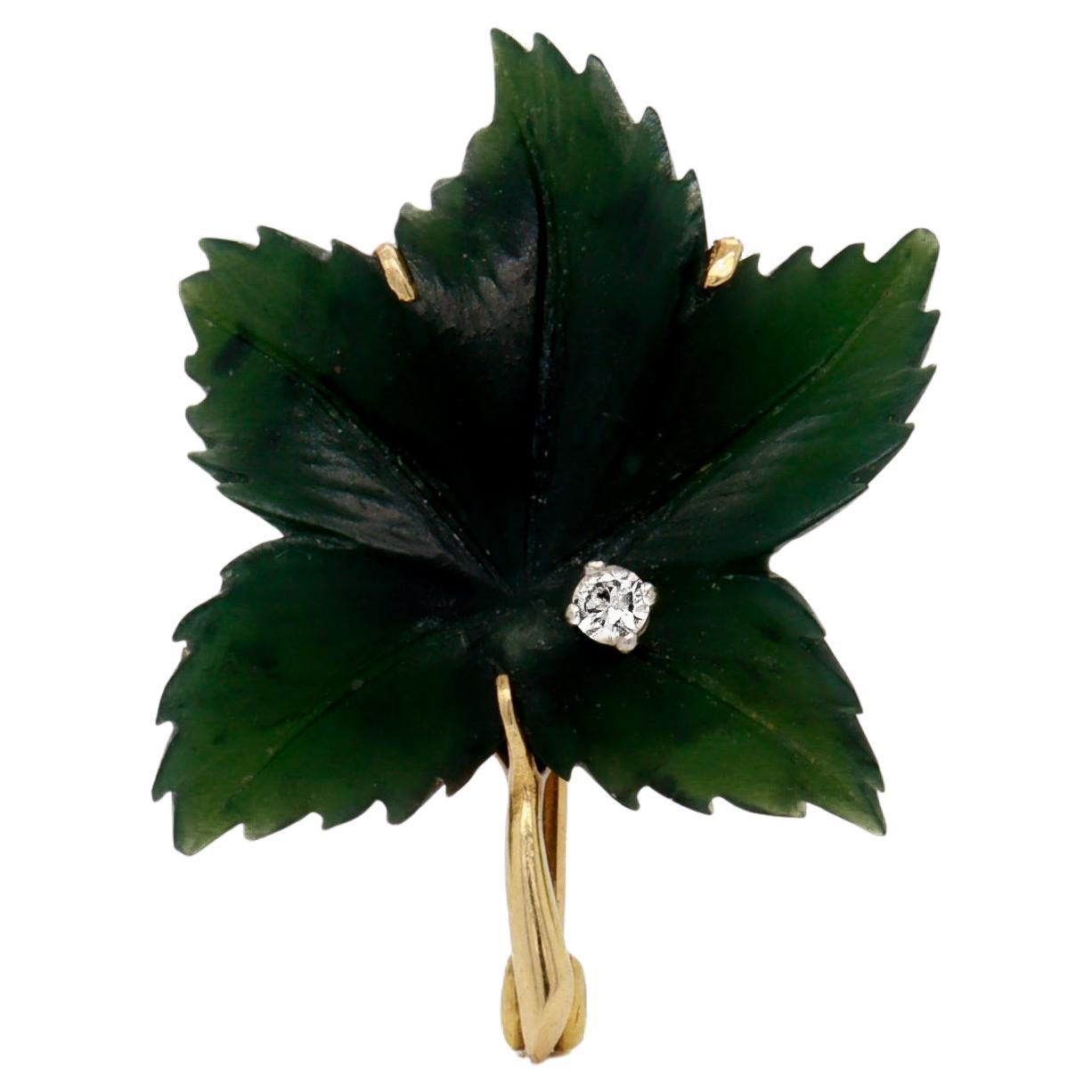 Signed Antique German 14k Gold, Jade, & Diamond Figural Leaf Brooch