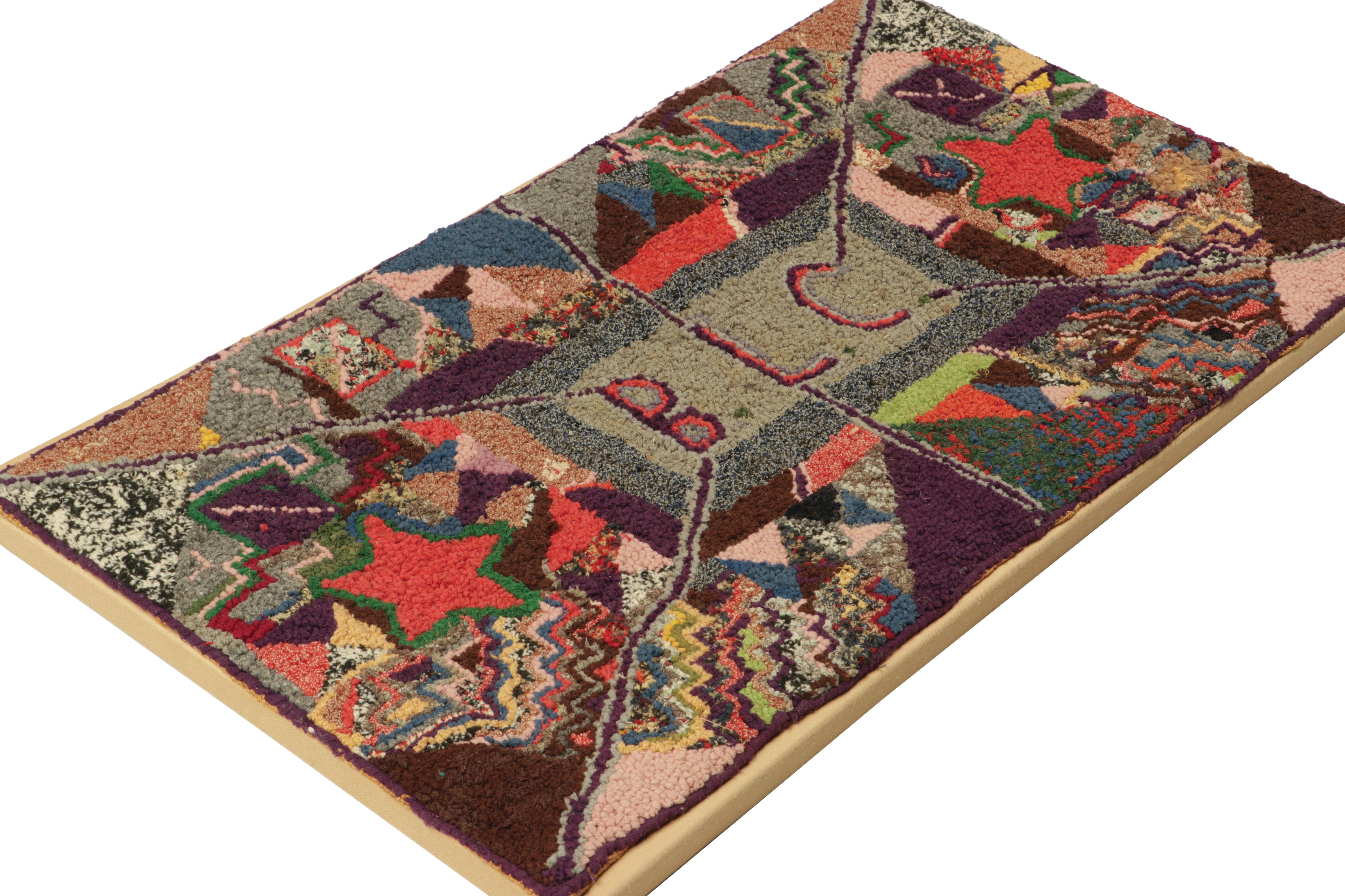 This 1x2 antique hooked rug is an rare signed piece among the most exceptional new additions to Rug & Kilim's collection of American hooked rugs and folk art designs—an exemplar of highly personalized abstract expressionism within its provenance,