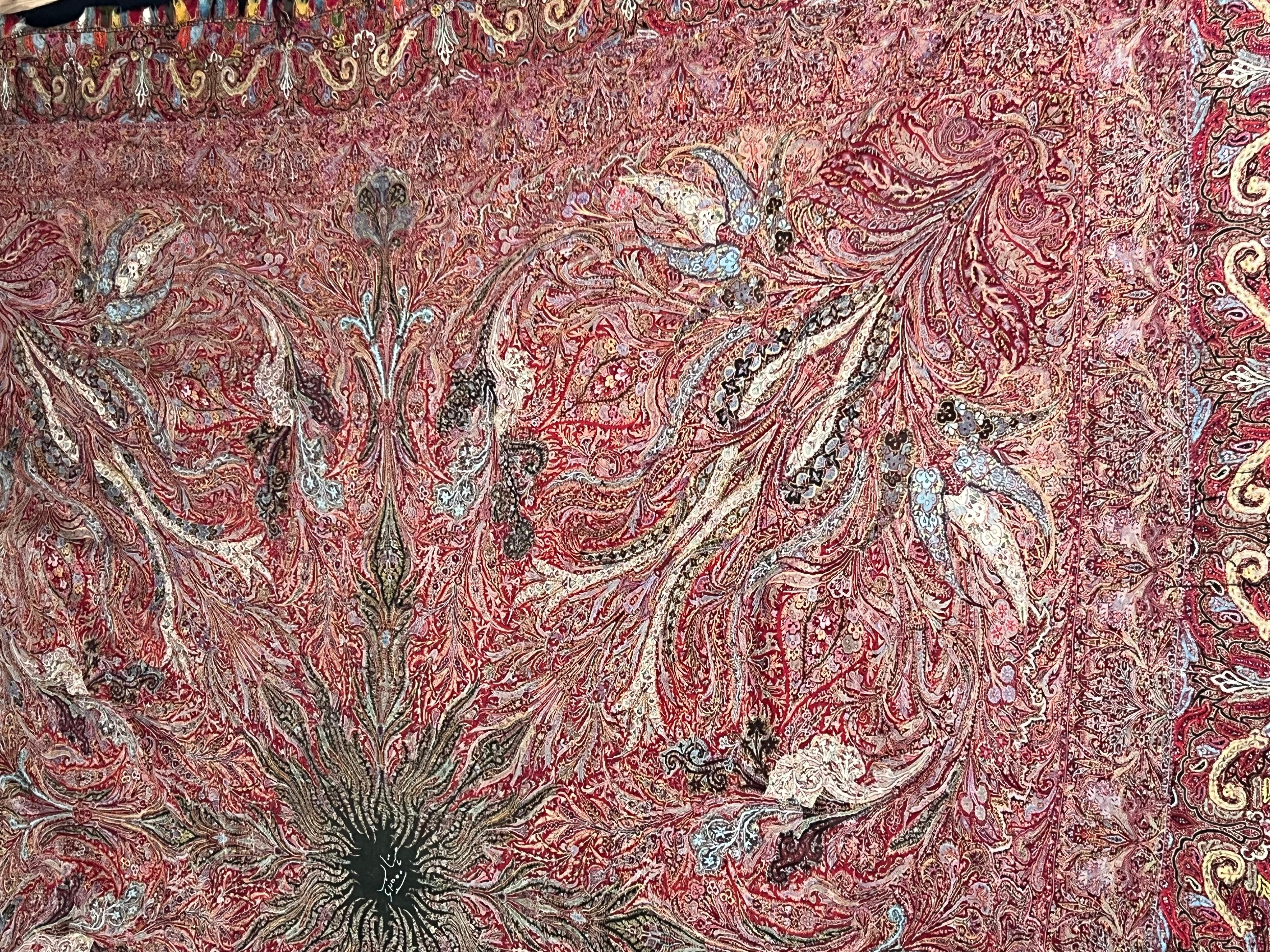 XIXe siècle Châle Kani Cachemire ancien signé  Médaillon rayonnant vers 1870 en vente