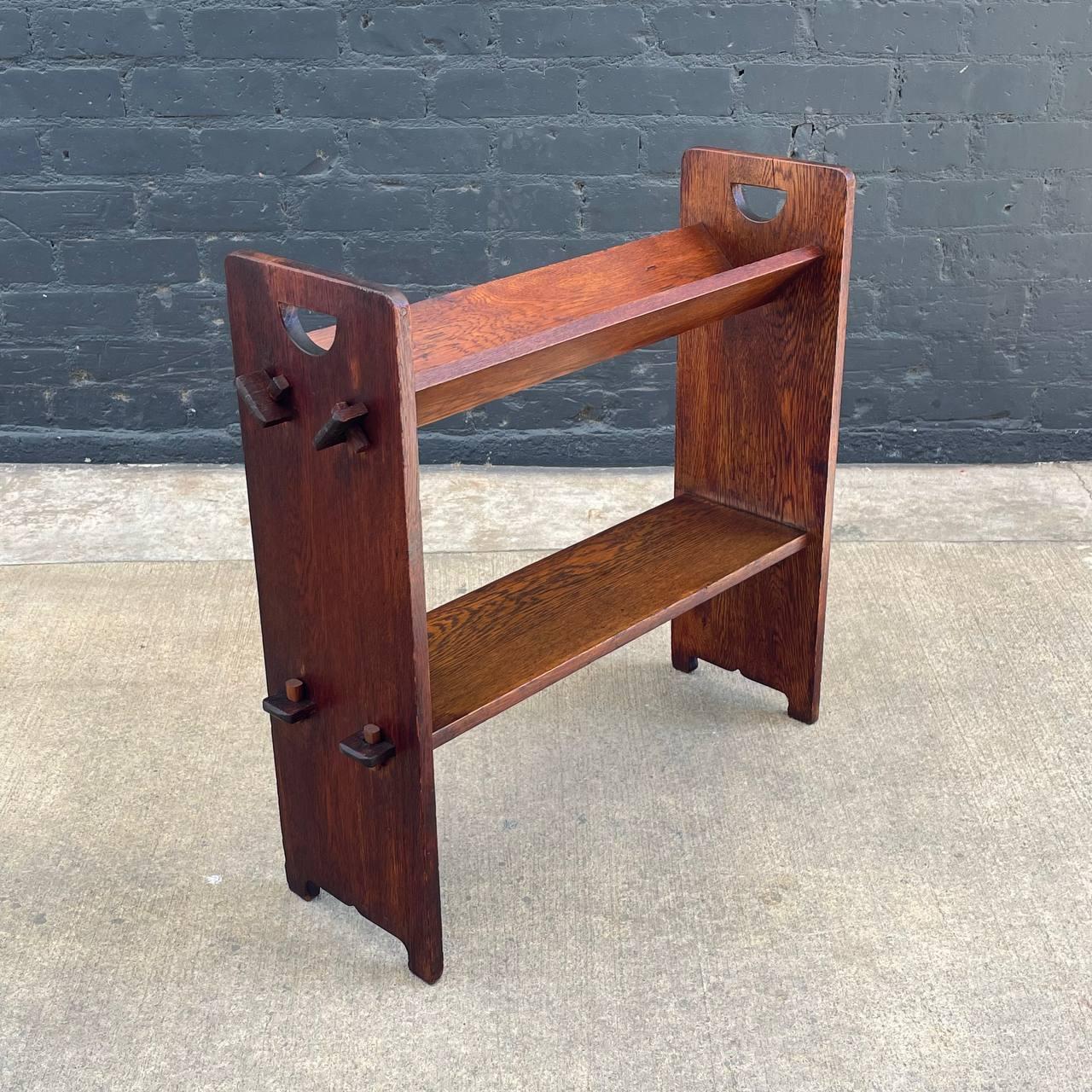 Signed Antique Mission Oak Craftsman Bookshelf Rack by Stickley, Model 74

Designer: Stickley 
Country: United Stated
Manufacturer: Stickley 
Materials: Oak Wood
Style: Arts & Crafts 
Year: 1910’s

$1,295

Dimensions:
31”H x 32.50”W x