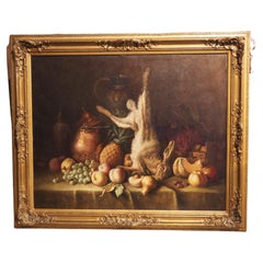 Signed Antique Nature Morte with Rabbit and Fruit, 1920