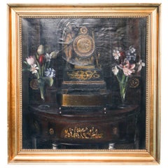 Signed Antique Oil on Canvas Still Life Painting of Clock and Flowers