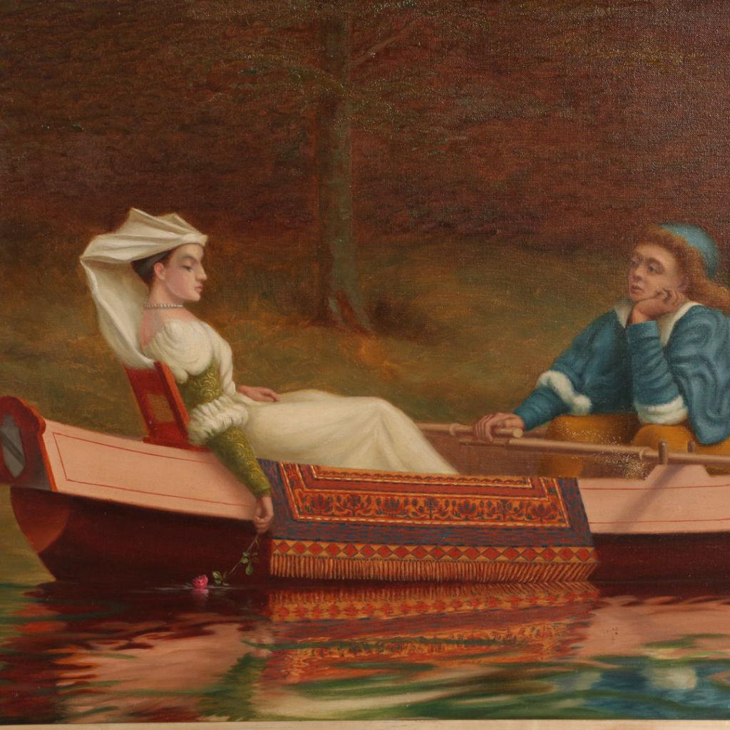 Antique English painting on canvas of a young couple in a boat, by English artist William Richard Bunting (1866-1951). The young woman is dragging a red rose in the water while the gentleman stares intently at her with his small dog sitting quietly