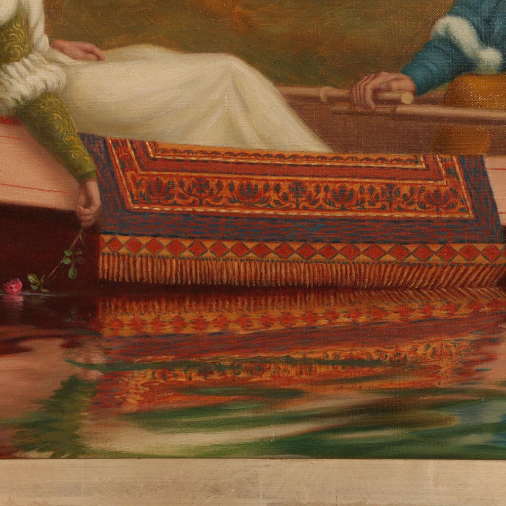 Signed Antique Oil Painting on Canvas of Two Lovers in a Boat In Good Condition In Round Top, TX