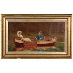 Signed Antique Oil Painting on Canvas of Two Lovers in a Boat
