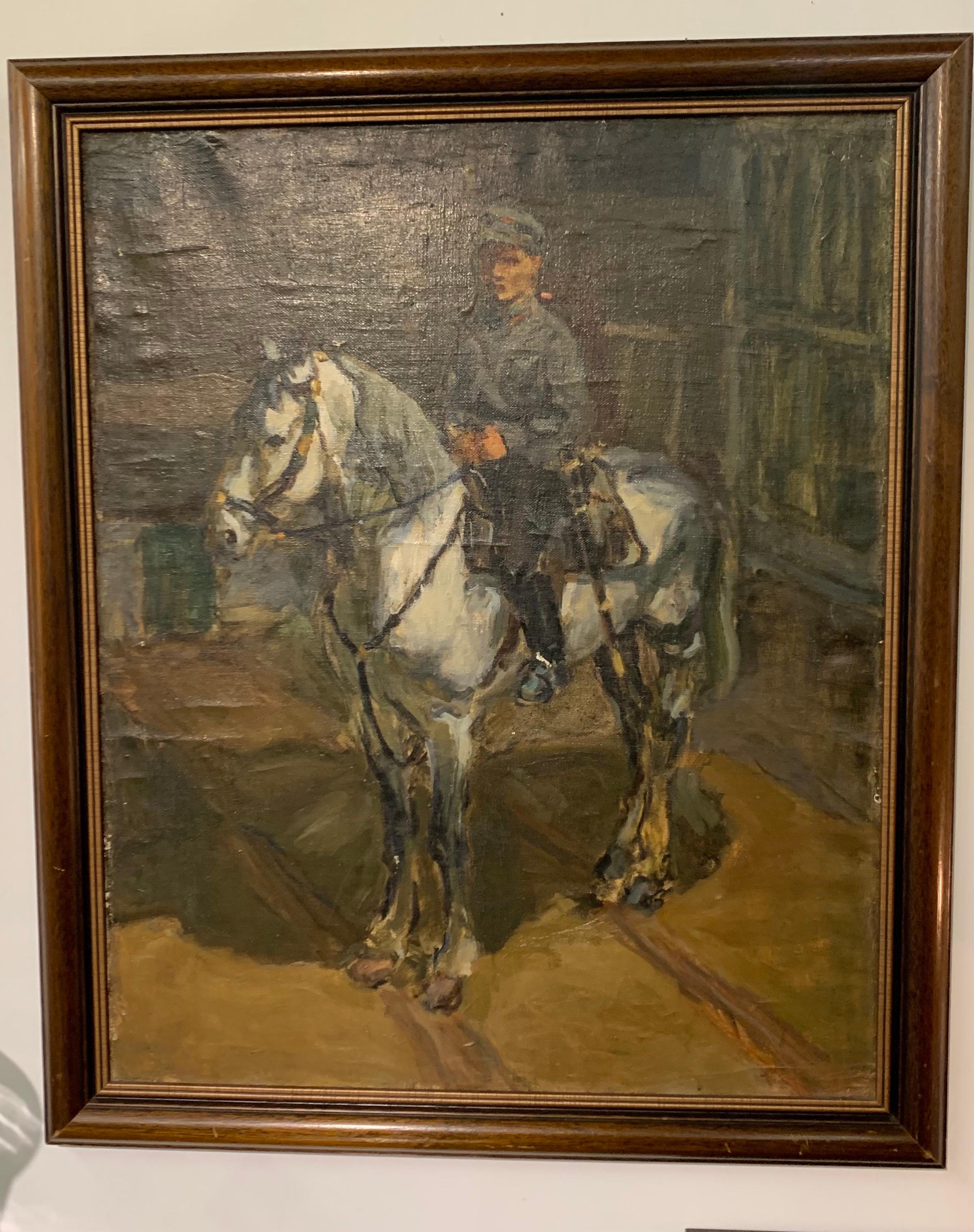 Original oil on canvas with signature on back of constable on horse. Age appropriate wear.
Wonderful craftsmanship. All original.