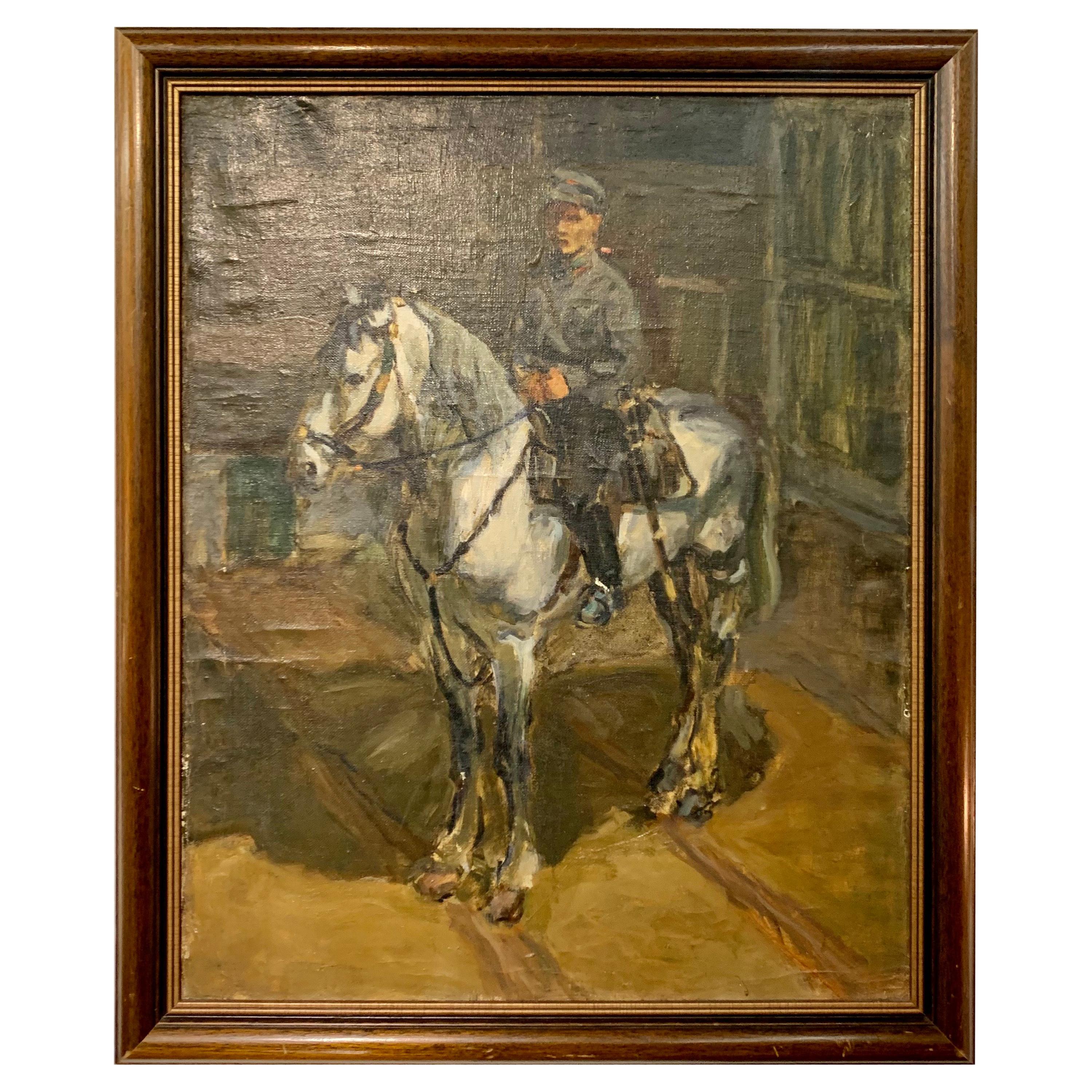 Signed Antique Original Painting Constable on Horse, Early 20th Century