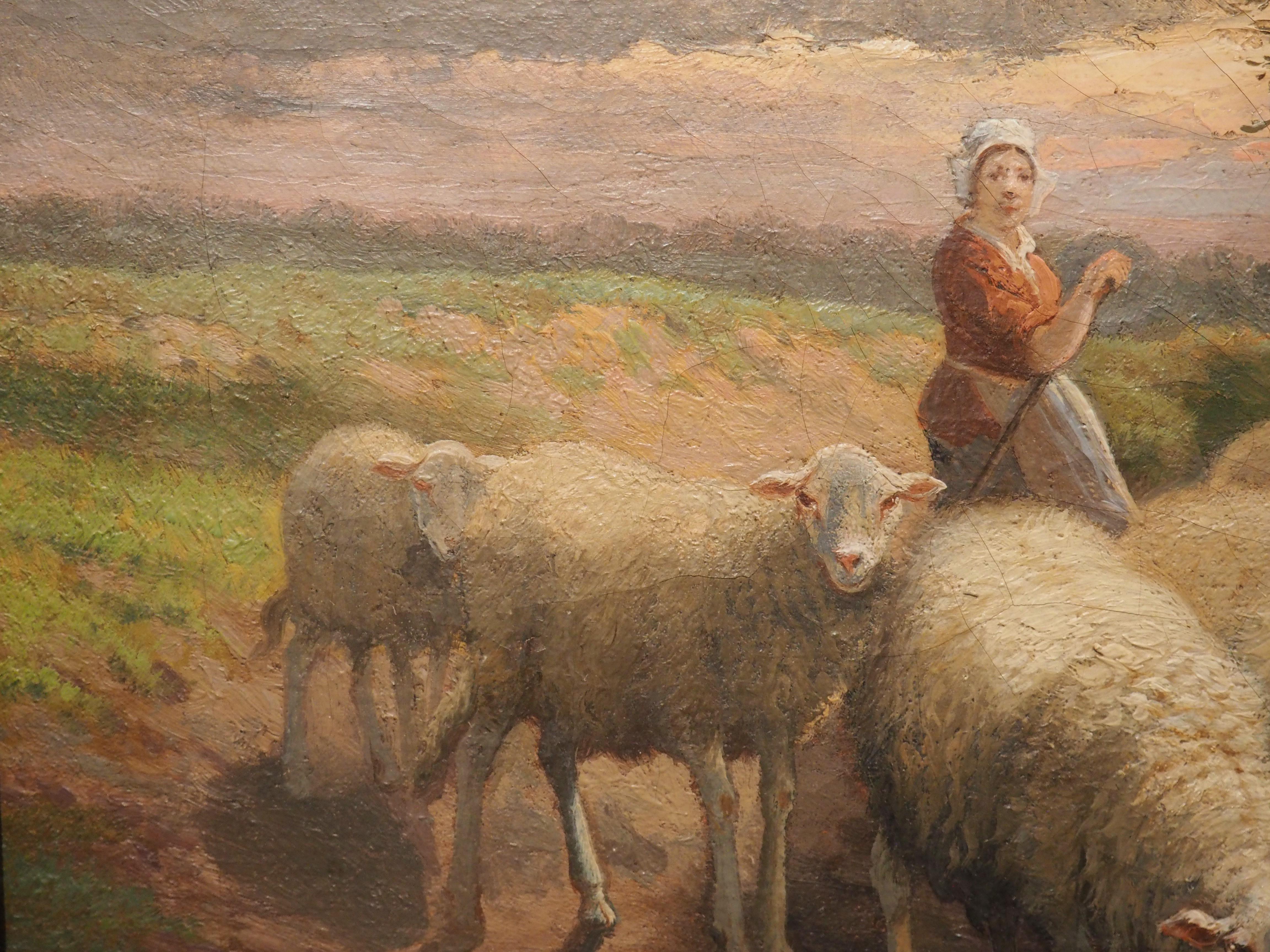 Peinture de moutons champêtres ancienne signée dans un cadre en bois doré, Belgique, 19ème siècle en vente 3