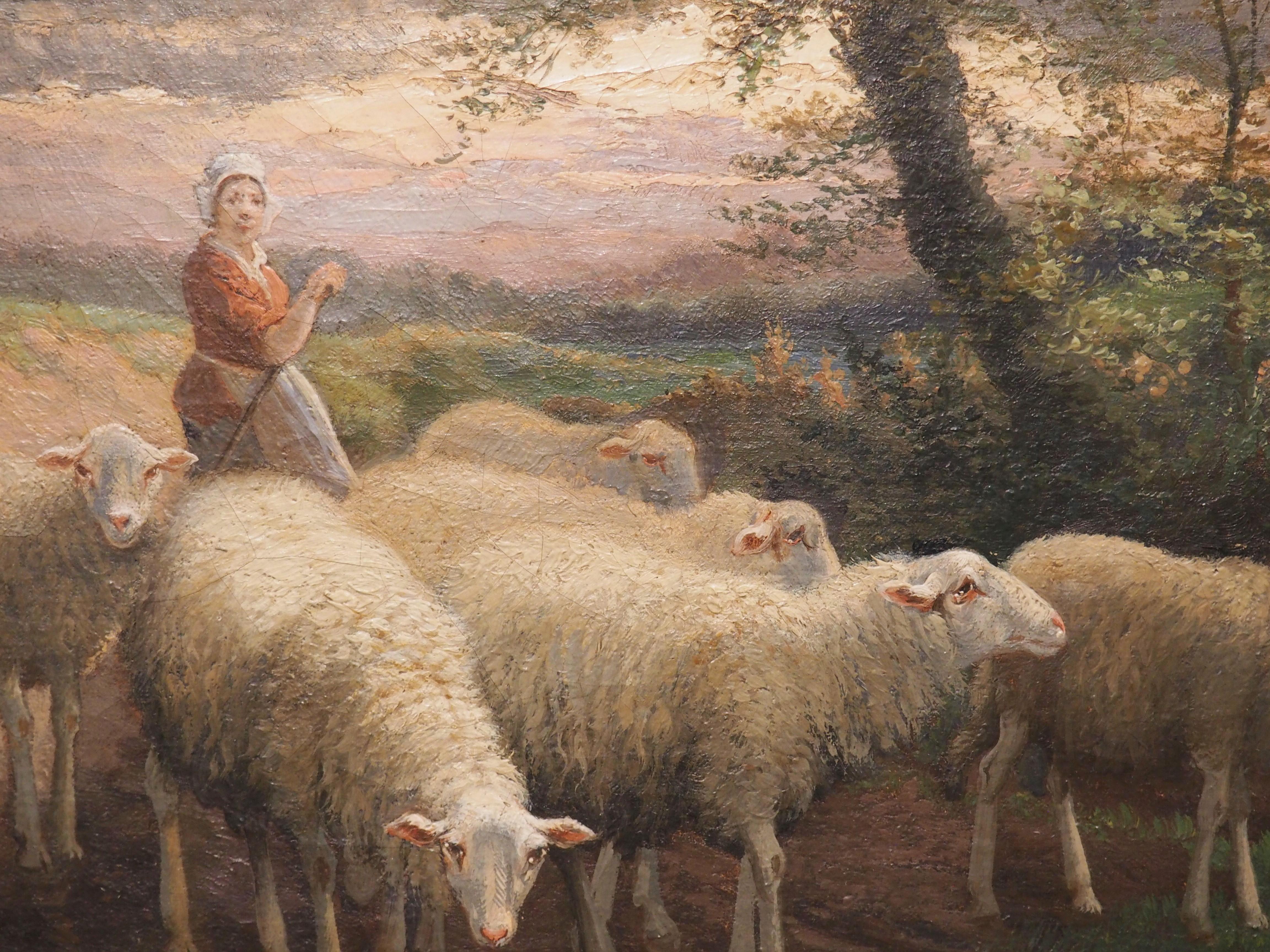 Peinture de moutons champêtres ancienne signée dans un cadre en bois doré, Belgique, 19ème siècle en vente 6