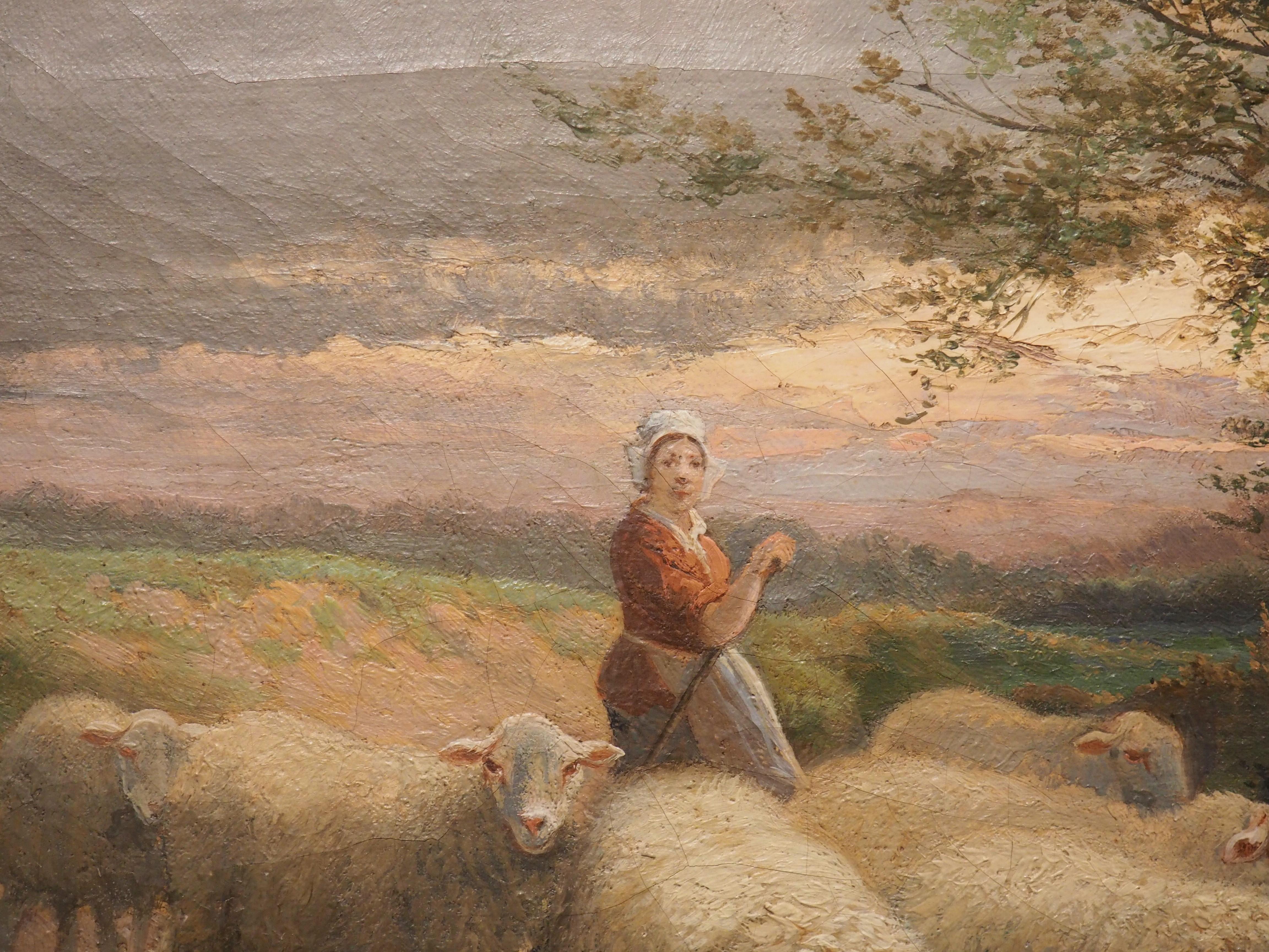 Peinture de moutons champêtres ancienne signée dans un cadre en bois doré, Belgique, 19ème siècle en vente 7