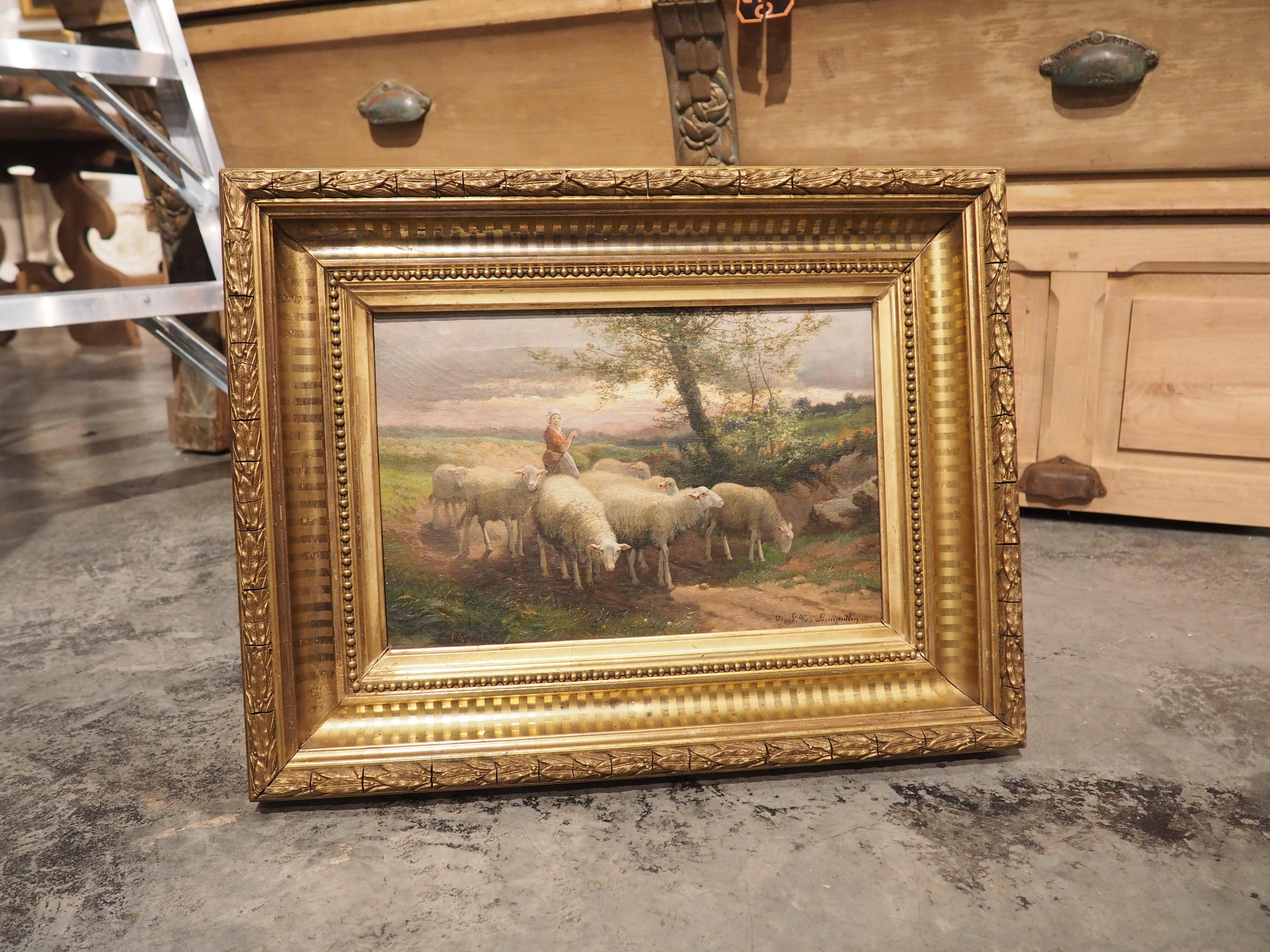 Peinture de moutons champêtres ancienne signée dans un cadre en bois doré, Belgique, 19ème siècle en vente 9